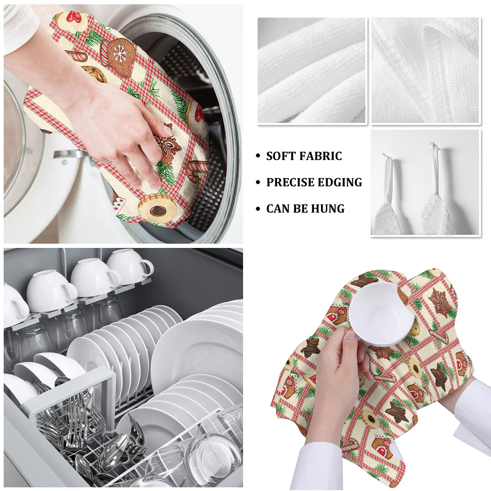 Super Absorbent Microfiber Kitchen Towels Set of 2 - Christmas Gingerbread Man Design, Soft Reusable Wash Cloths for Dishes, Fast Drying Watercolor Stripes Plaid Pattern - Perfect for Kitchen Cleaning, Bathroom Decor & Holiday Gift Giving