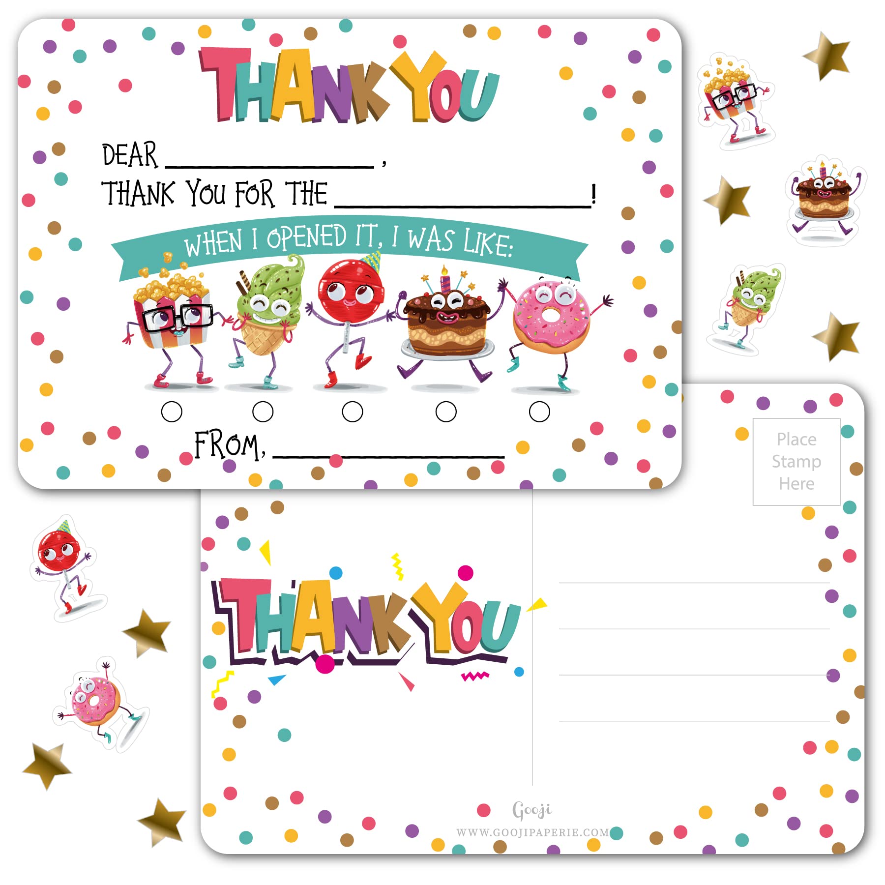 Gooji Kids Thank You Cards - 25-Piece Double-Sided Custom Postcard Set with Fill-in-the-Blank Messages | Perfect for Birthday Parties, Events & Holidays | Includes Fun Stickers (Party Treats Collection) - Great for Classroom Rewards, Teacher Appreciation & Family Celebrations