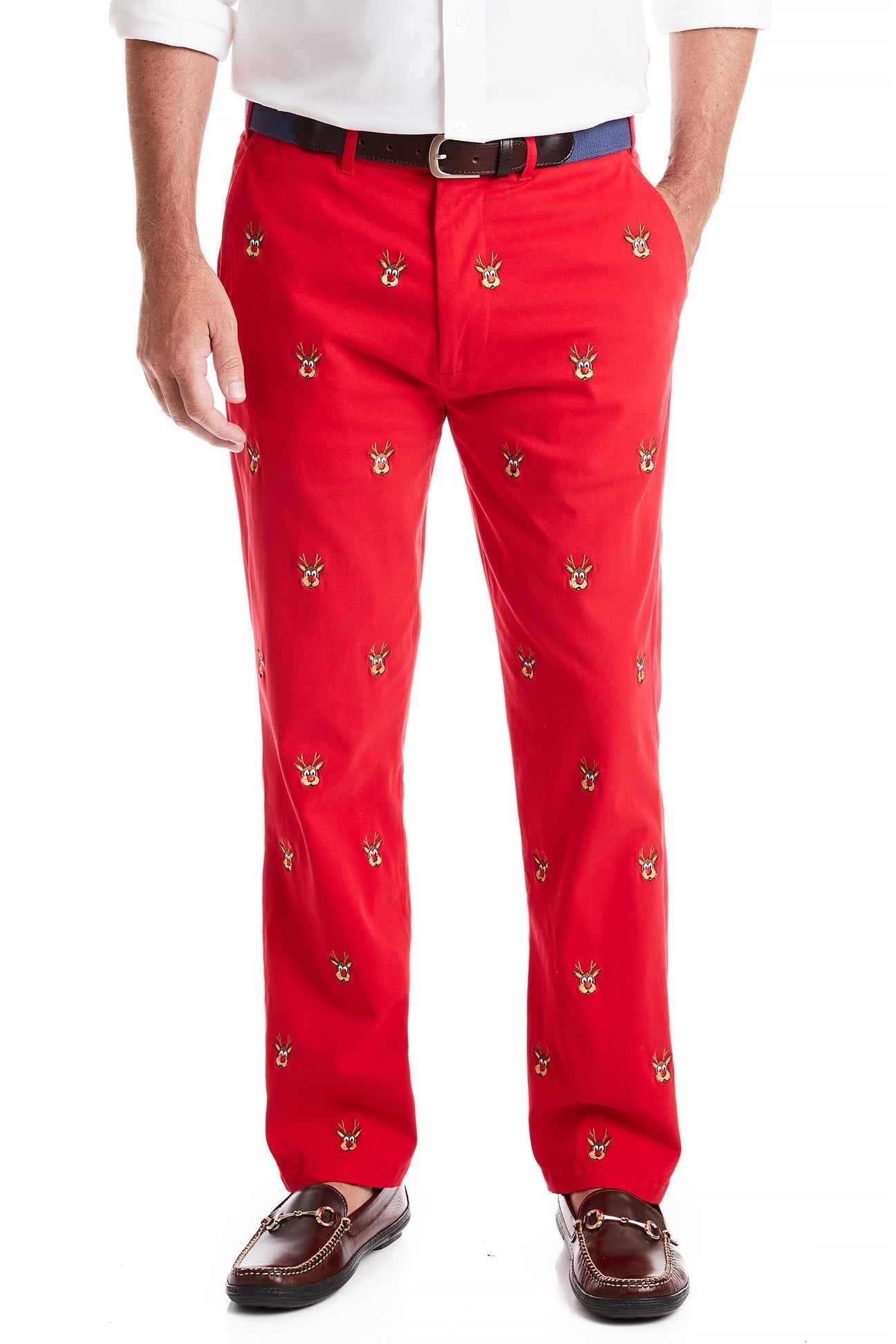 Stretch Twill Harbor Pants in Bright Red with Rudolph Print - Comfortable & Stylish Casual Wear for Holiday Parties & Festive Gatherings