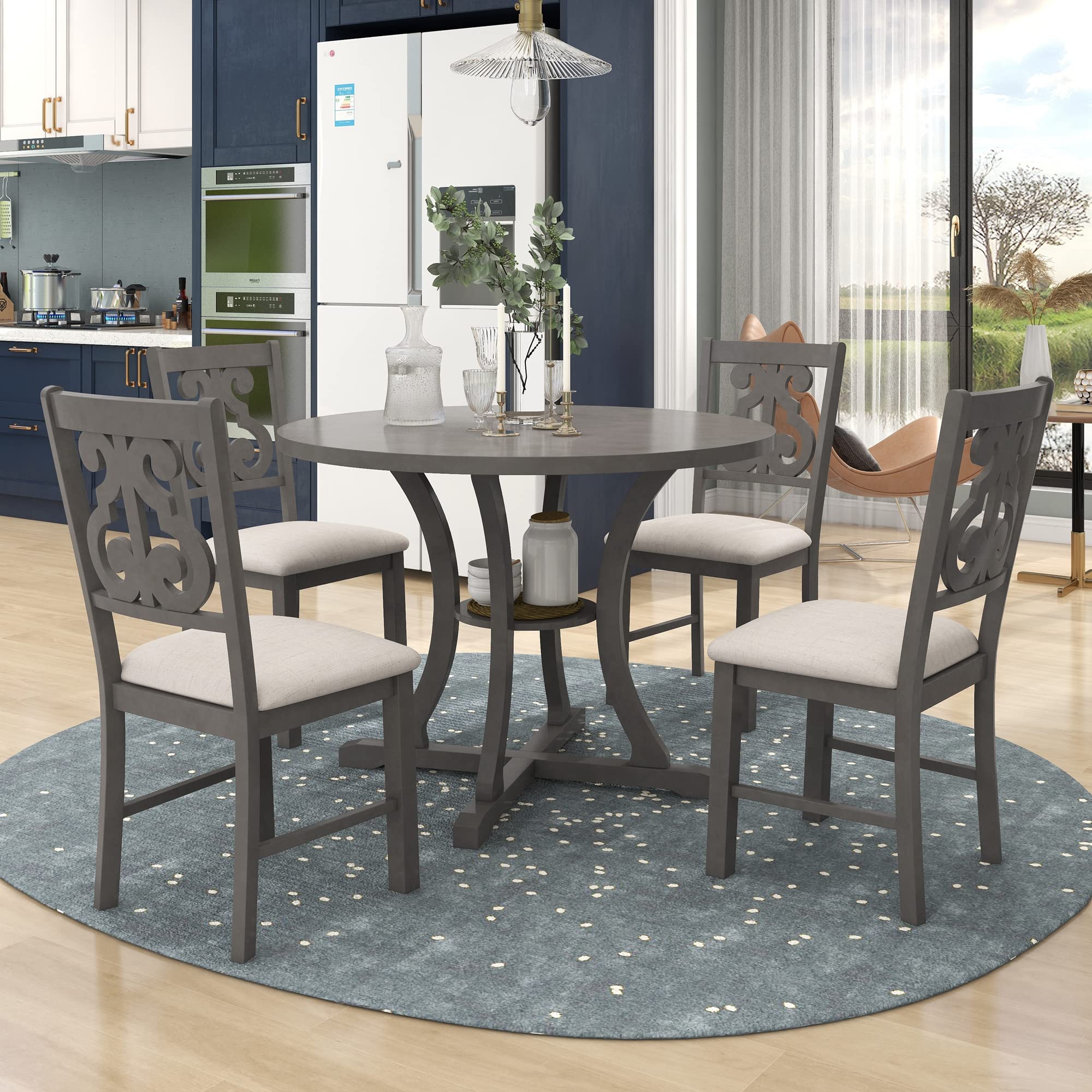 Harper & Bright Designs 5-Piece Round Dining Table Set with Shelf - Solid Wood Kitchen Table & Chairs for Family Dining Room, Breakfast Nook & Small Space Entertaining