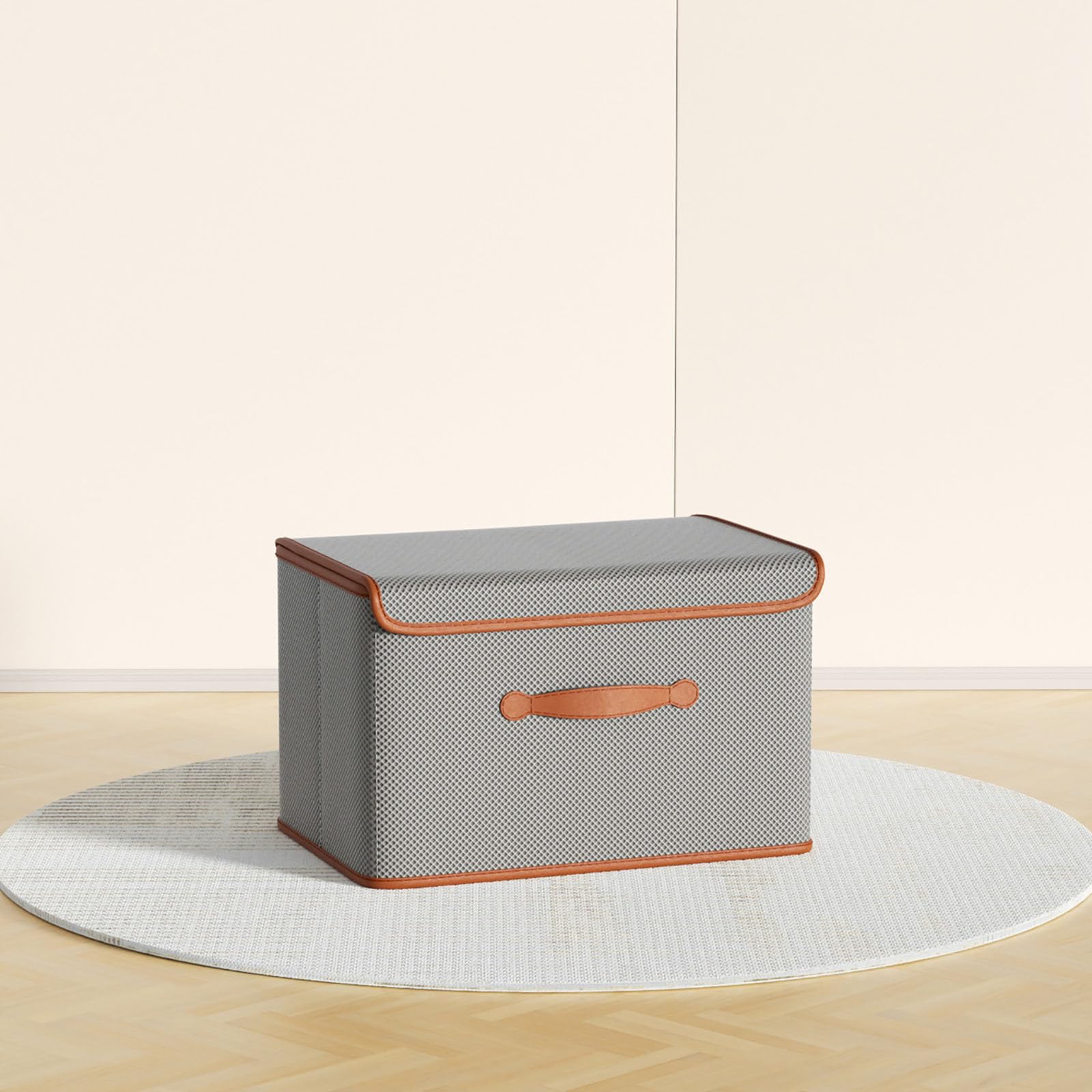 Collapsible Storage Bins with Lids & Leather Handles - 10.3 x 7.9 x 6.7 Inch Fabric Closet Organizer for Clothes, Books, Files & Home Organization | Space-Saving Decorative Storage Box for Bedroom, Office & Dorm