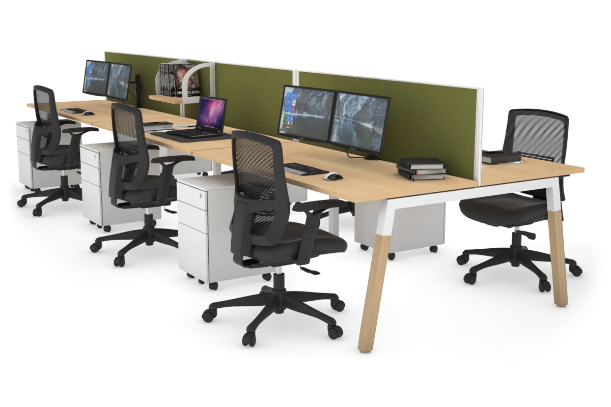 Quadro A Legs 6-Person Office Workstation with Wood Legs & Cross Beam [1400L x 700W] - Perfect for Collaborative Workspaces, Conference Rooms & Open Office Layouts