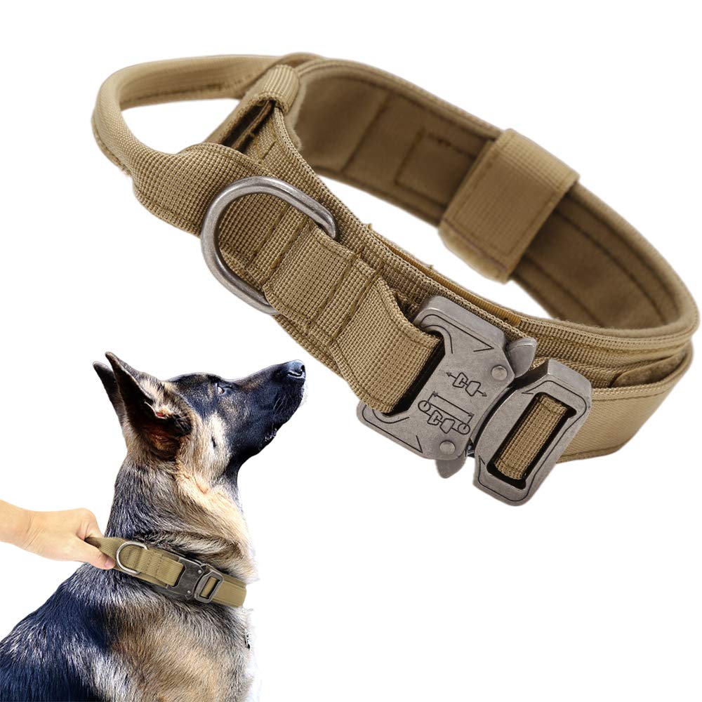 Tactical Military Dog Collar - Heavy Duty Adjustable Nylon Collar with Metal Buckle & Handle for Training - Perfect for Outdoor Adventures, Hiking & Security Dogs (Brown, Large)
