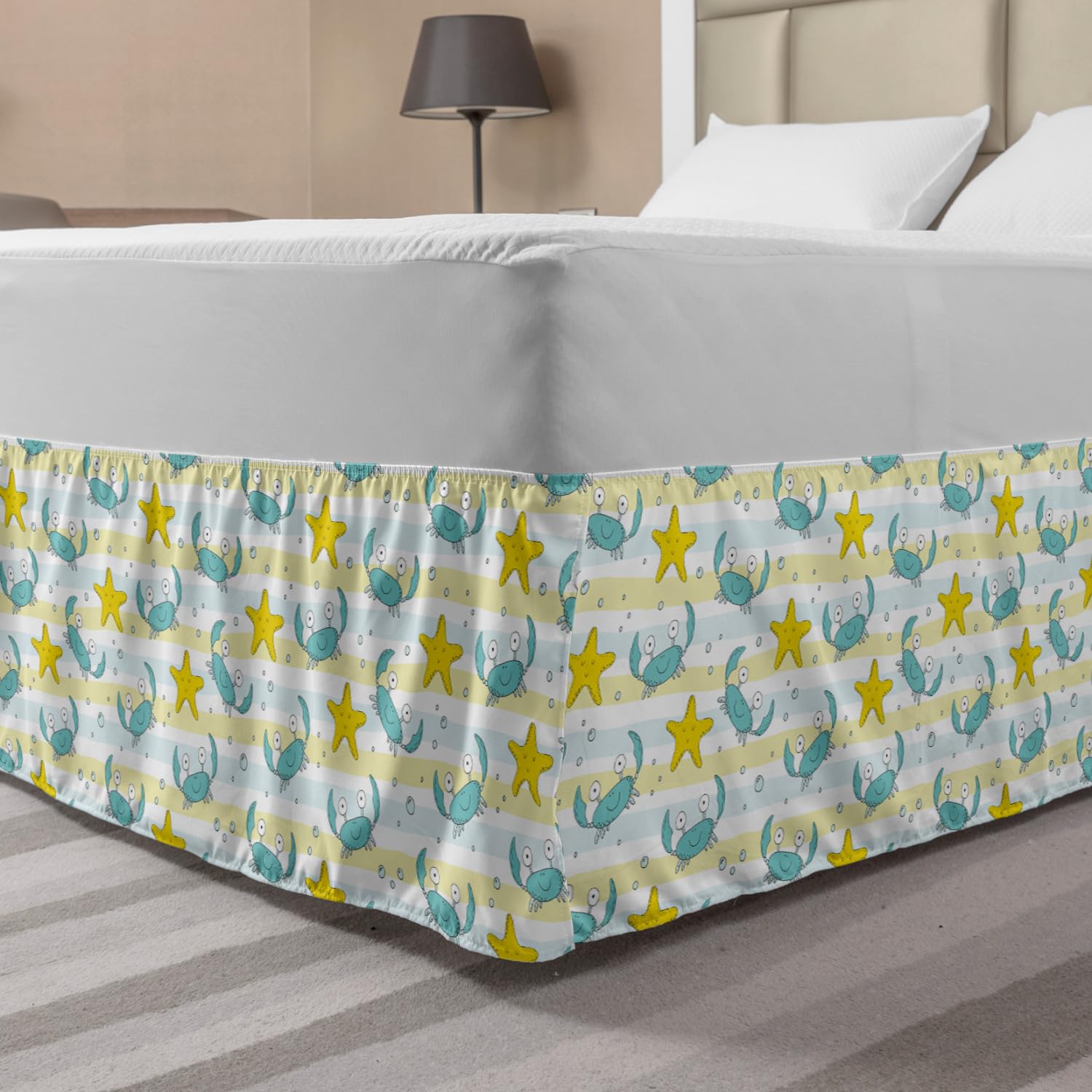 Ambesonne Marine Elastic Bed Skirt - Ocean Theme with Crabs, Starfish, Bubbles & Lines - Wrap Around Dust Ruffle for Queen Size Beds - Yellow Seafoam Color - Perfect for Beach House Decor, Coastal Bedroom & Nautical Theme Rooms