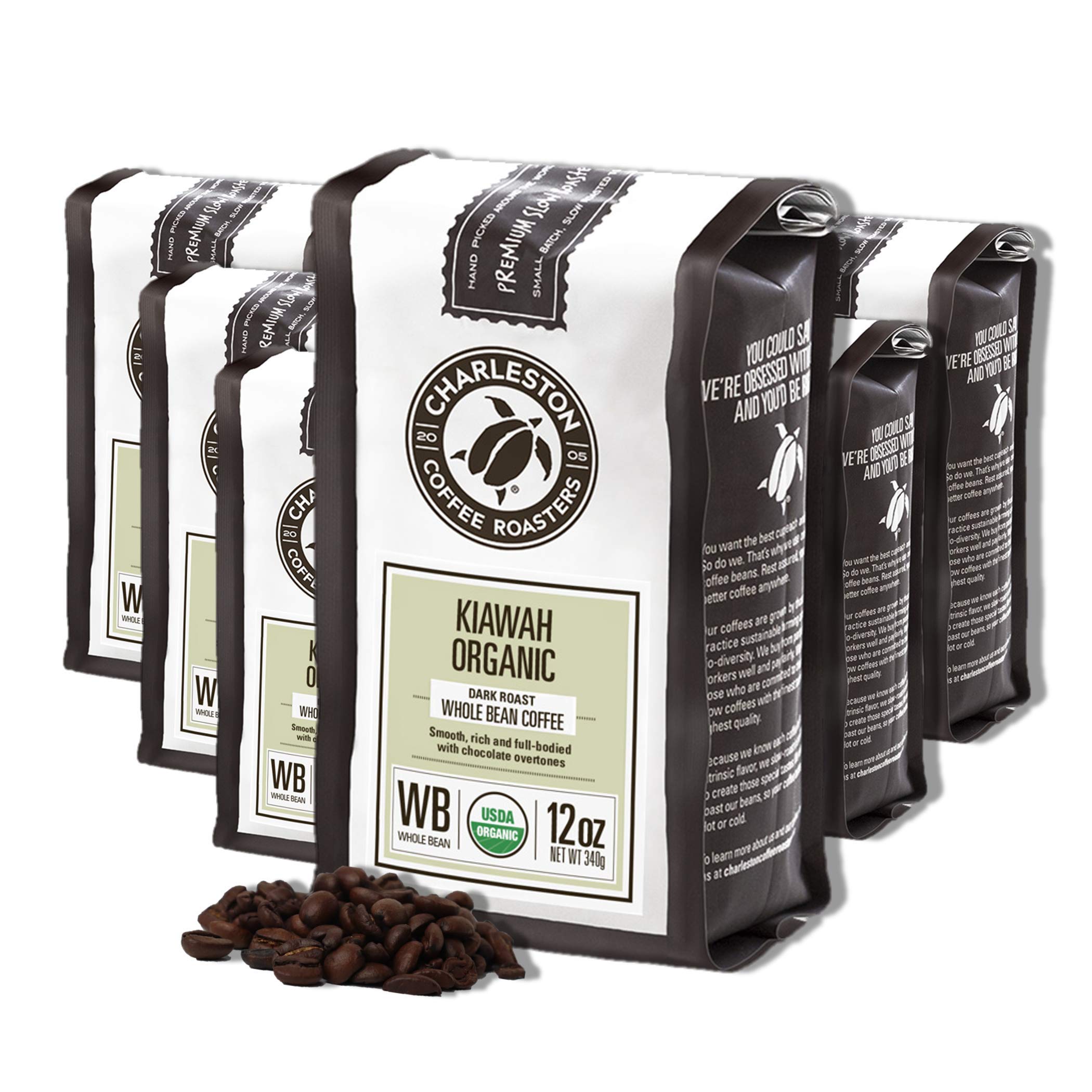 Charleston Coffee Roasters Organic Whole Bean Coffee - Premium Slow Roasted Dark Roast (Kiawah Blend) 12oz, 6 Pack | Specialty Hand-Picked Beans for Home Brewing, Office & Gifts