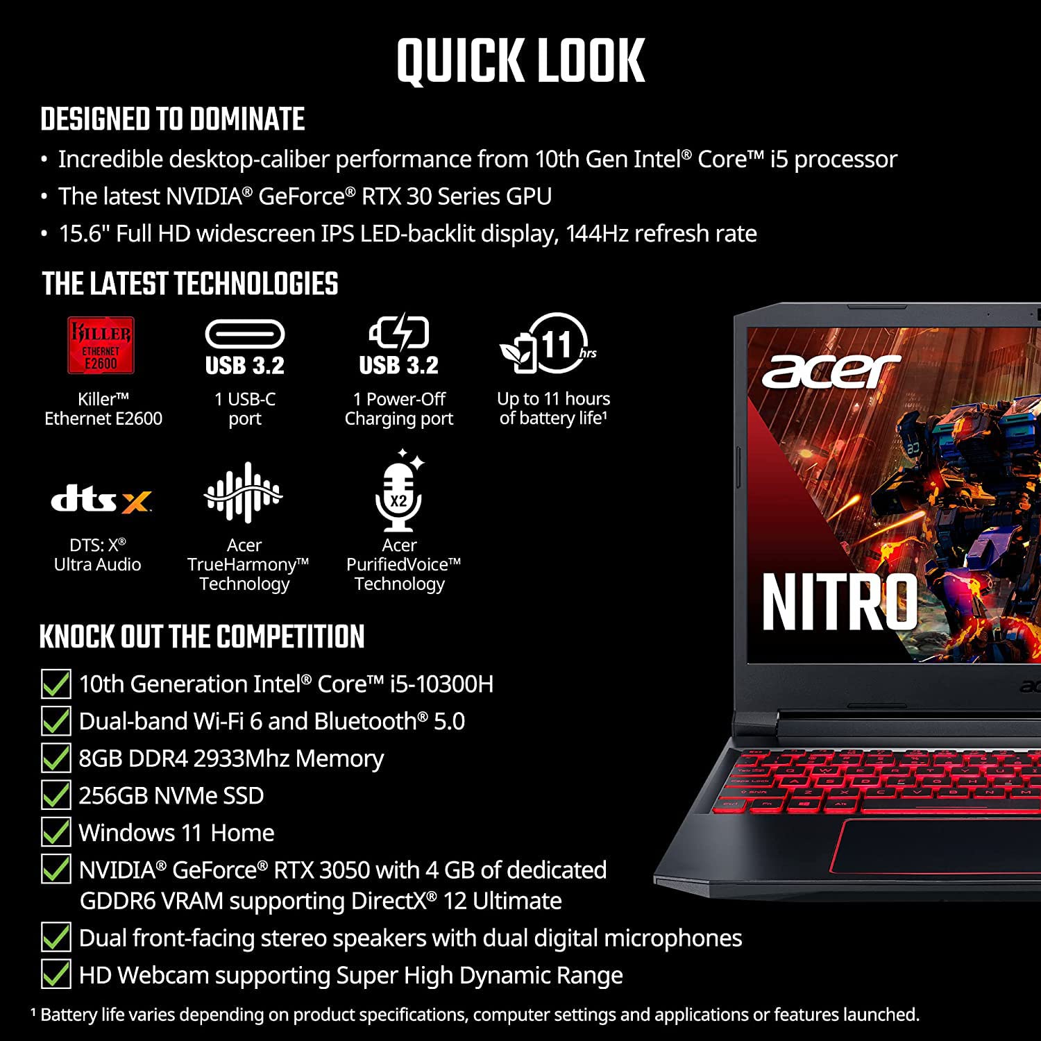 Acer Nitro 5 Gaming Laptop - i5, RTX 3050, 32GB RAM, 1TB SSD for Gaming & Streaming