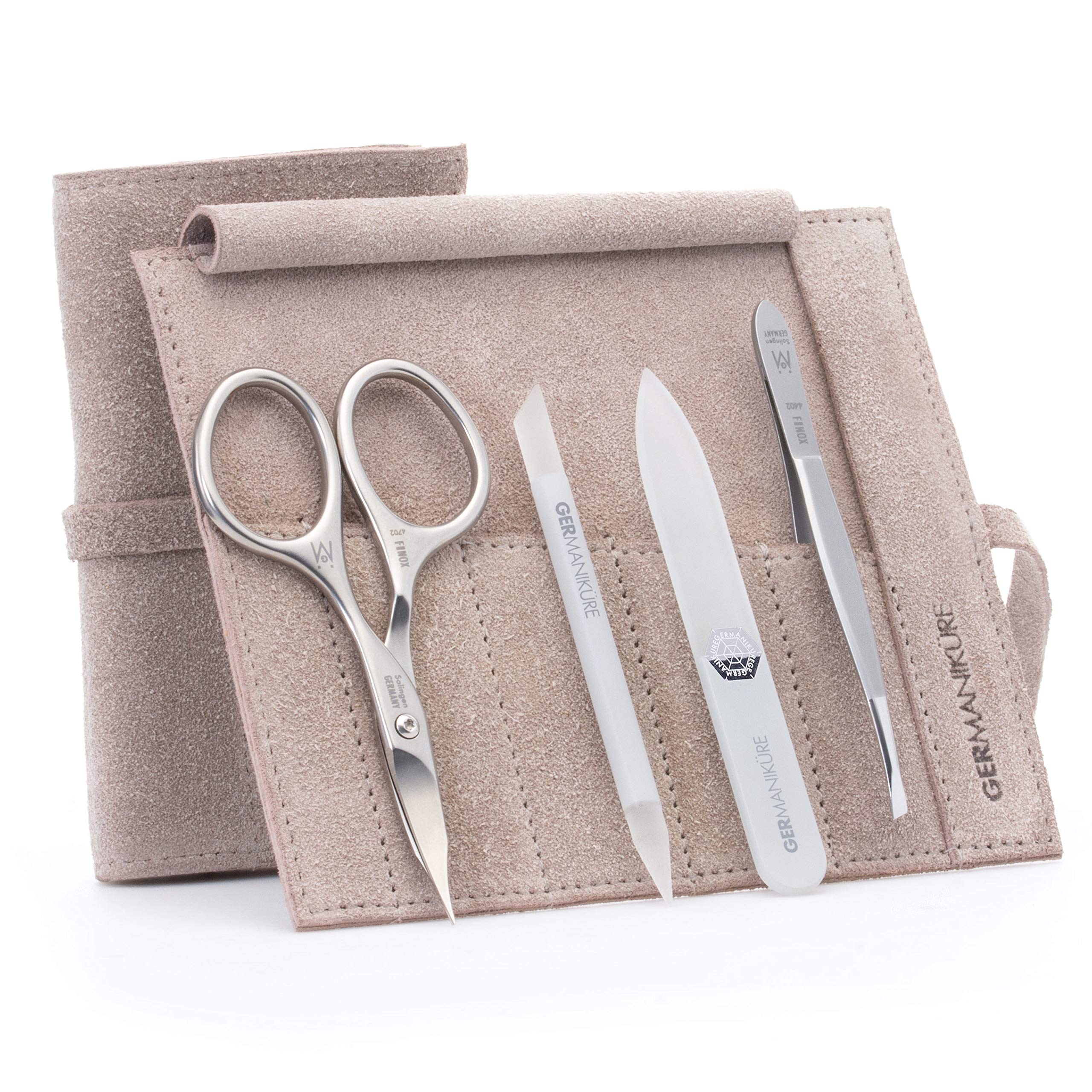 Premium 4-Piece Mini Professional Manicure Set in Beige Suede Case - German Stainless Steel Nail Tools & Czech Glass Files | Home Salon, Travel & Gift Idea