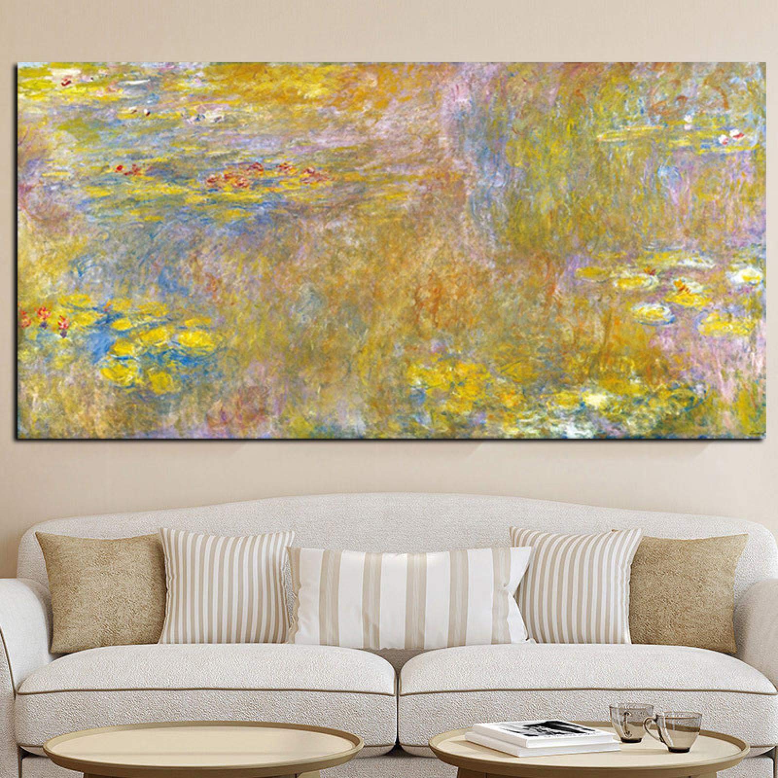 Claude Monet Gold Lotus Oil Painting on Canvas - Impressionist Landscape Wall Art Poster & Print 55x110cm (22x43in) With Frame - Perfect for Living Room, Bedroom & Office Decor