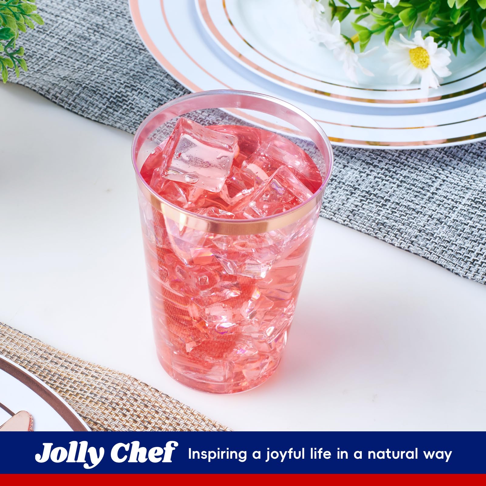 JOLLY CHEF 100 Pack 12 oz Rose Gold Rim Clear Plastic Cups - Elegant Disposable Tumblers for Wedding, Party, Birthday, Baby Shower & Bridal Shower - Perfect for Cocktails, Juice, Soda & Beverages