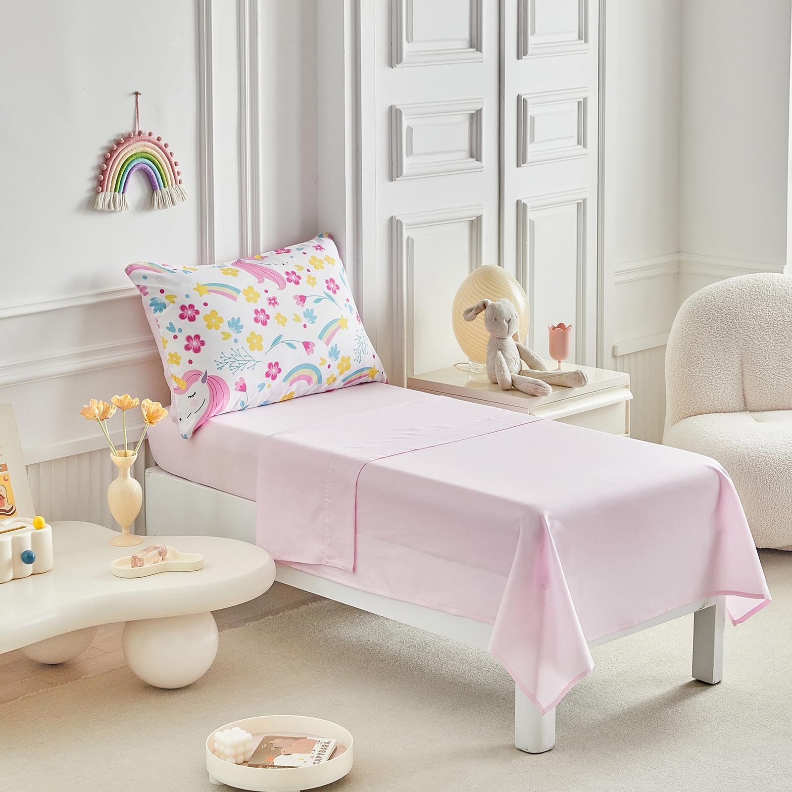**Unicorn Toddler Bedding Set for Girls - 4PC Light Pink Floral Rainbow Princess Bed Set with Soft Blue Yellow Sheets & Pillow Shams | Cute Nursery Decor for Toddler Beds & Kids Rooms**