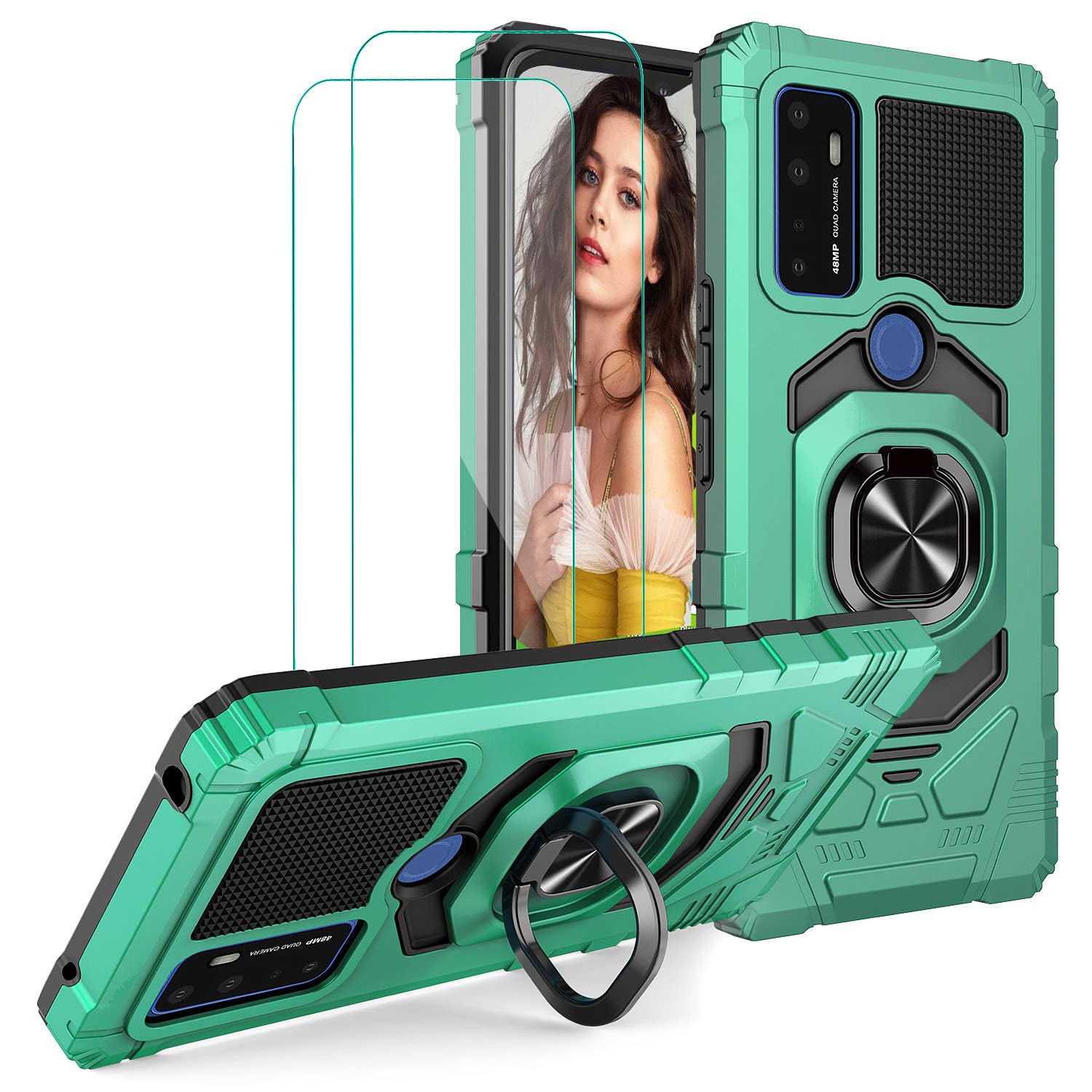 Premium Shockproof Case for Alcatel TCL 4X 5G (T601DL) with Tempered Glass Screen Protector [2-Pack] - Heavy Duty Drop Protection, 360° Magnetic Ring & Kickstand - Green | Perfect for Outdoor Activities, Work & Daily Use