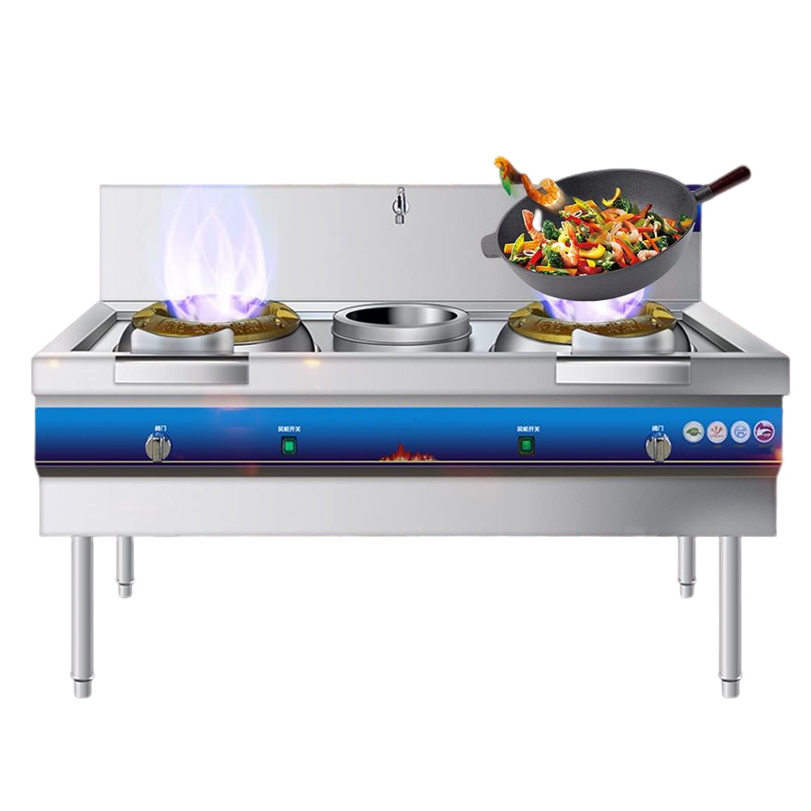 INTBUYING Commercial 2 Burner Gas Stove - 12.2'' Stainless Steel High Power Chinese Cooking Range for LPG/Natural Gas - Restaurant Grade with Baffle & Water Basin - 110V - Perfect for Wok Cooking, Stir-Frying & High-Heat Commercial Kitchen Use