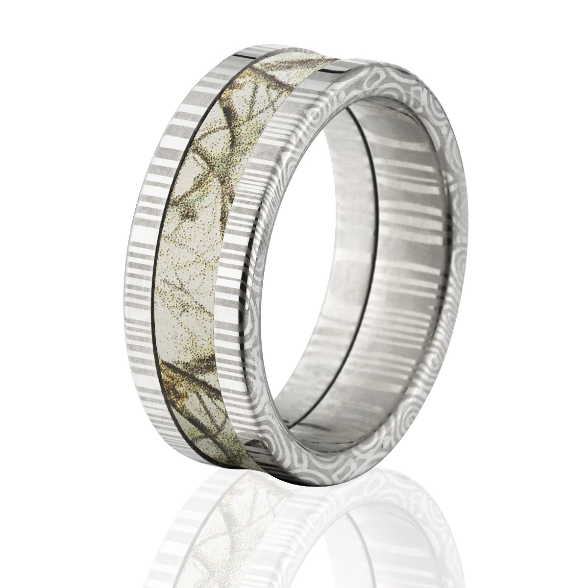 Camo Wedding Rings for Men & Women - Damascus Steel Camo Rings with Realtree Snow Camouflage Design - Perfect for Outdoor Enthusiasts, Hunting, and Military Style Weddings