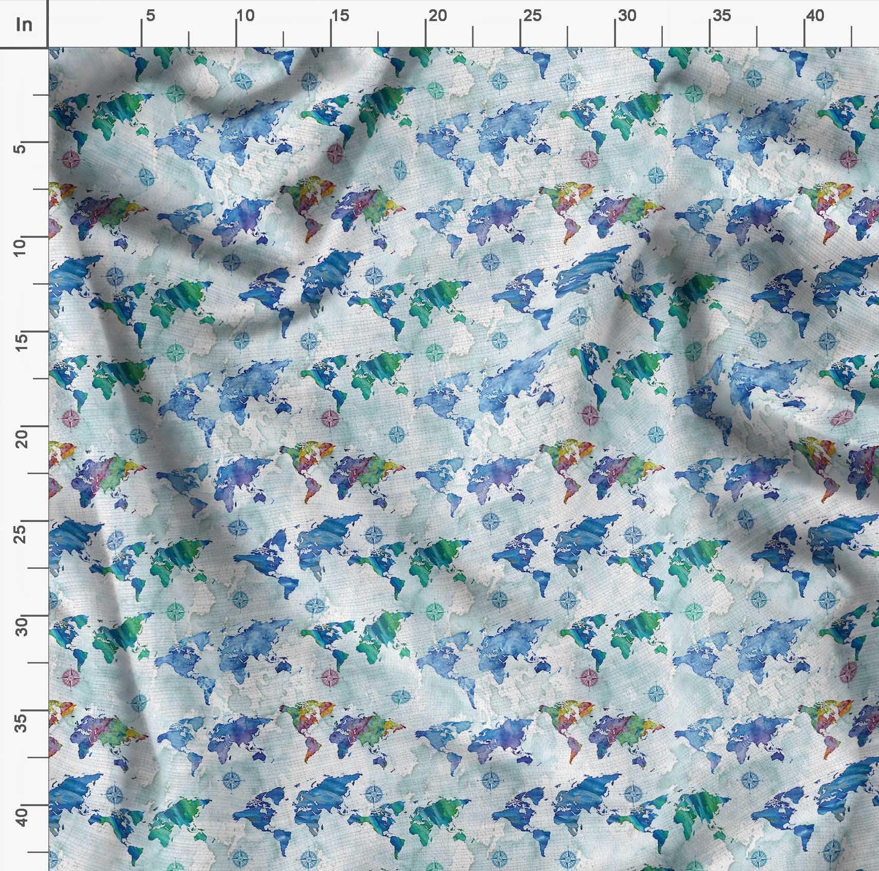 Soimoi 100% Cotton Voile Fabric - White Printed with Compass & World Map Design - 42 Inch Wide by The Yard - Perfect for Nautical Fashion, DIY Home Decor, Quilting, and Craft Projects