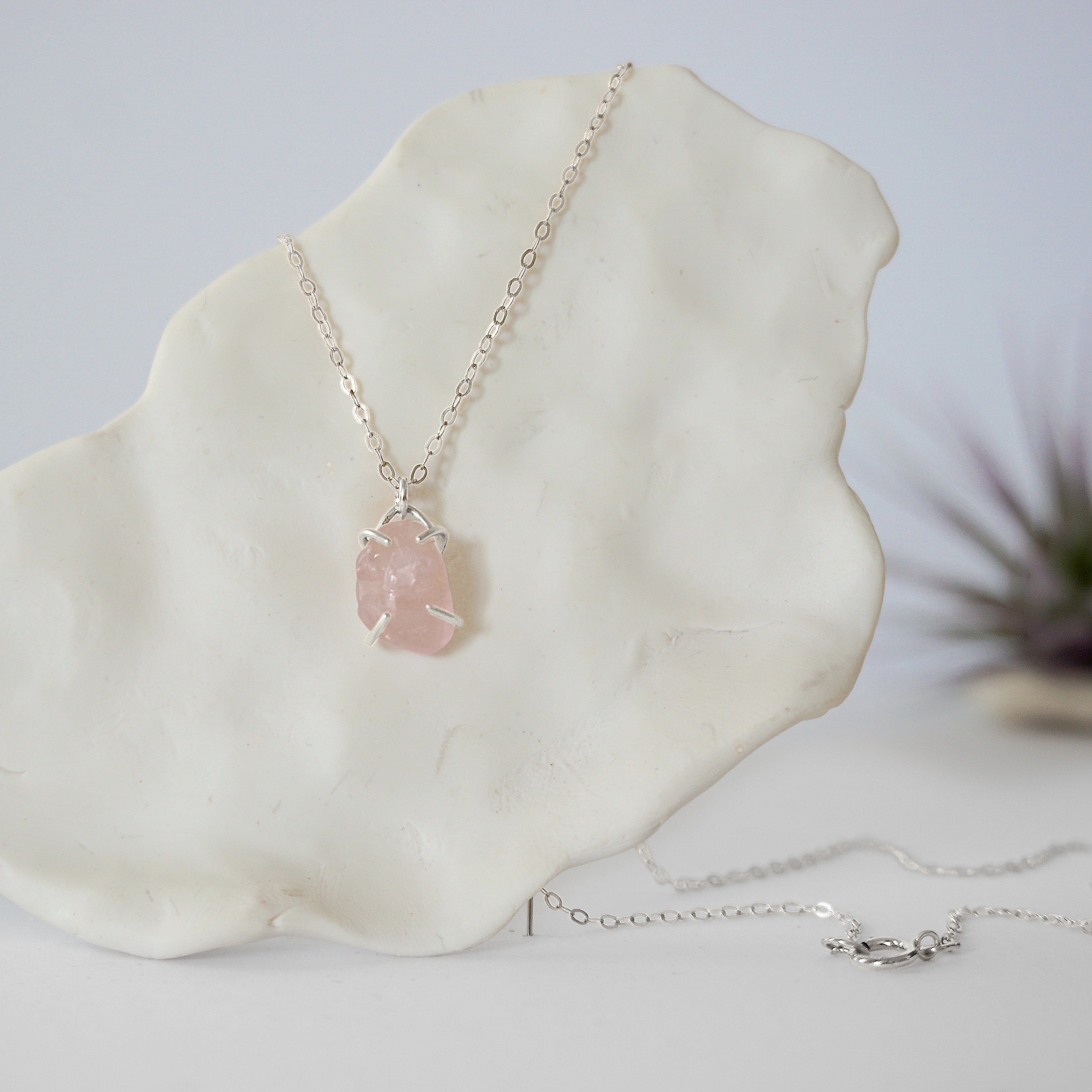 Rose Quartz Necklace - Sterling Silver Huggie Charm Necklace for Women, Healing Crystal Jewelry Gift for Valentine's Day, Birthday & Everyday Wear