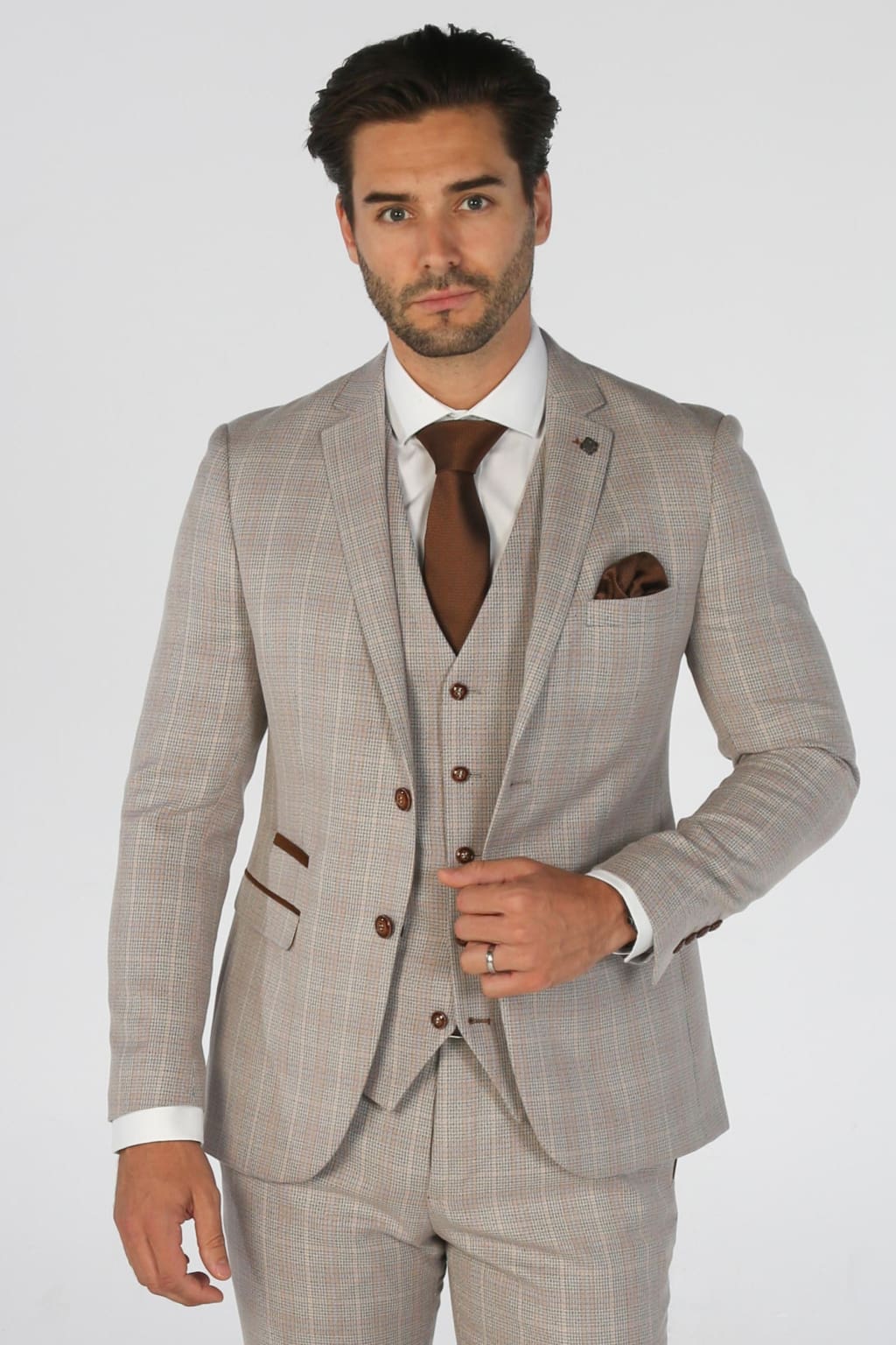 Leo Beige Check Three Piece Suit for Men - Formal Business Attire & Wedding Outfit | Perfect for Office, Interviews & Special Occasions