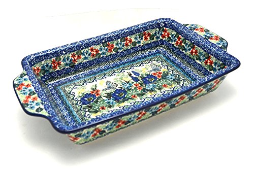Authentic Polish Pottery Rectangular Baker with Tab Handles - 7 Cup Capacity - Unikat Signature U4600 - Perfect for Baking Casseroles, Bread & Serving Dishes