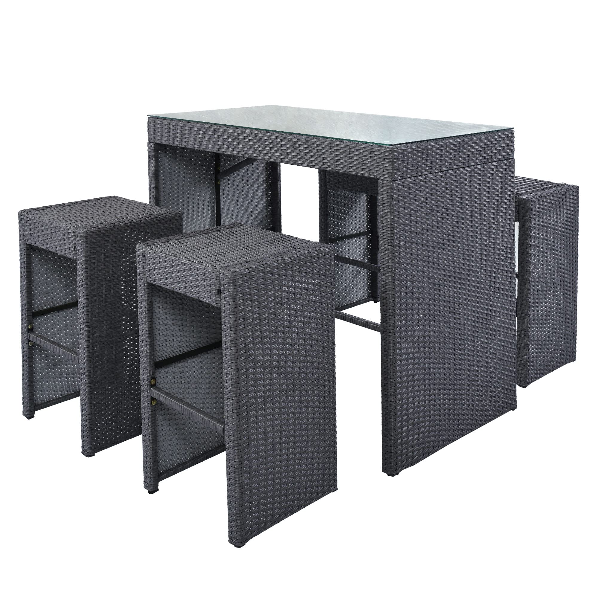 5-Piece Rattan Outdoor Patio Furniture Set with 4 Stools & Gray Cushions - Wicker Bar Dining Table for Backyard, Garden, Poolside or Balcony