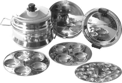 Stainless Steel Multipurpose Idli Steamer with Steel Lid - 3 Idli Plates (21 Idlis), 1 Dhokla Plate & 1 Mini Idli Plate - Induction & Gas Stove Compatible (5 Plates, 20 Idlis Capacity) - Perfect for Indian Breakfast, Snacks & Party Cooking