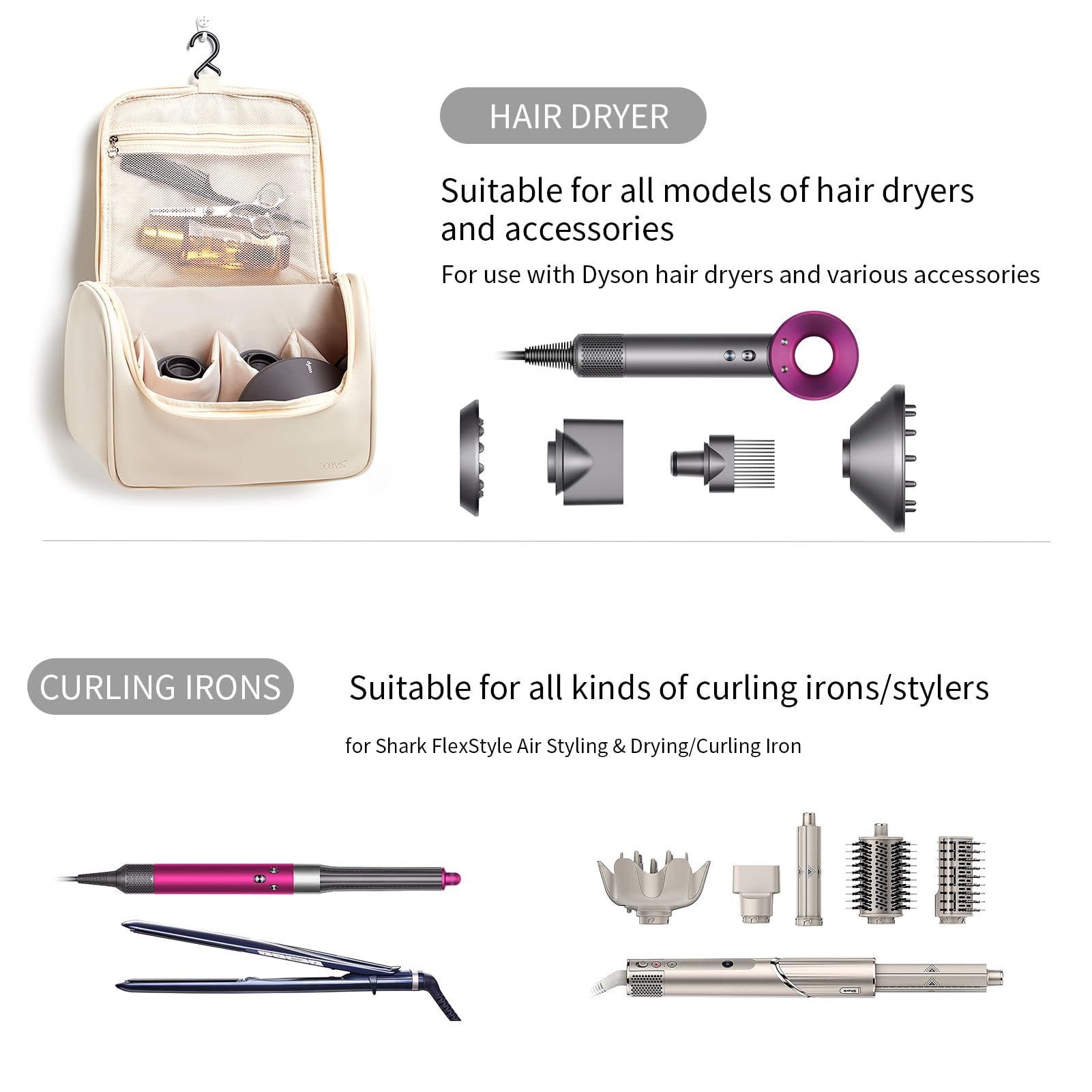 Dyson Airwrap & Shark Flexstyle Travel Storage Bag - Portable Hanging Case for Styler, Attachments & Long Barrel Hair Curler | Perfect for Travel, Home & Salon Use (White)