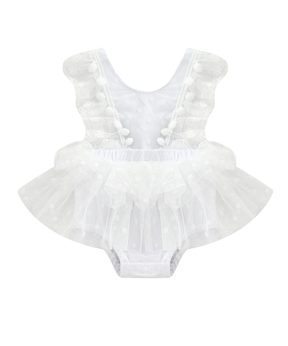 Newborn Baby Girls Lace Romper Dress with Pompons - Mesh Bodysuit & Tulle Tutu Skirt - Princess Summer Outfit for Photoshoot, Birthday Party & Special Occasions