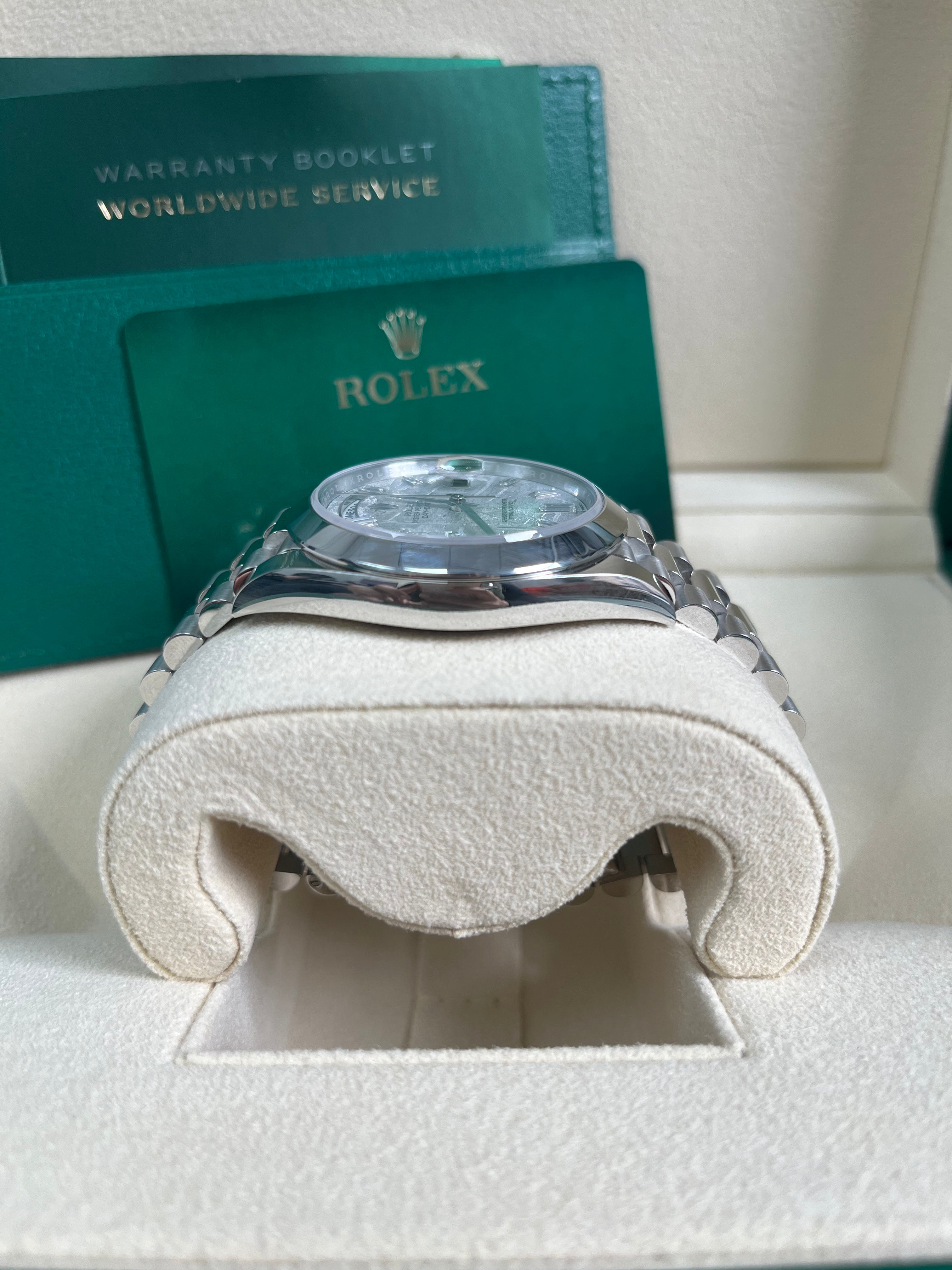 Rolex Day-Date 40 Platinum Watch with Meteorite Baguette Diamond Dial & President Bracelet – Luxury Dress Watch for Business & Formal Events (Model 228206)