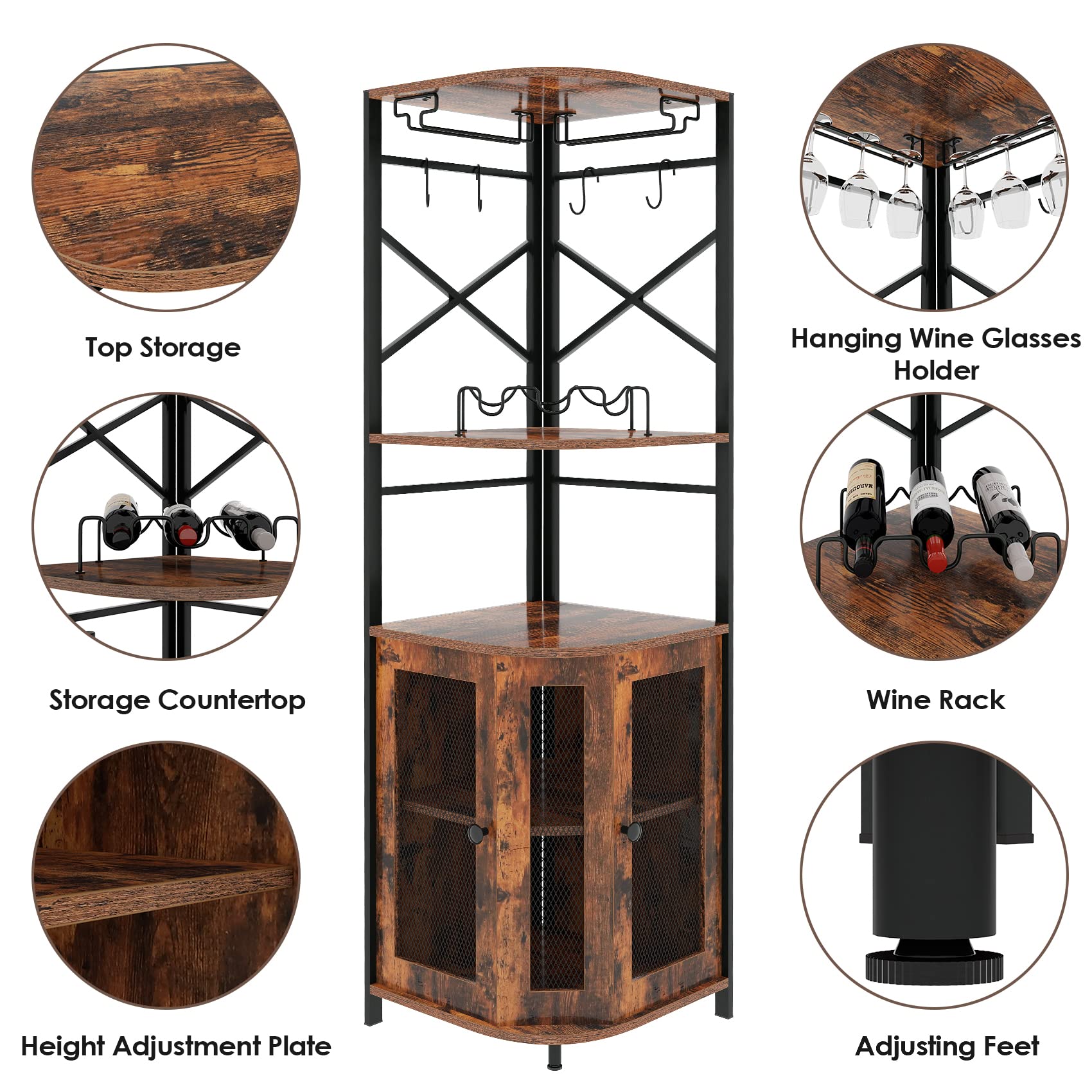 Rustic Brown Corner Bar Cabinet with Wine Rack, Glass Holder & Adjustable Shelves - Mesh Door Liquor Storage Cabinet for Home Bar, Dining Room or Entertainment Area