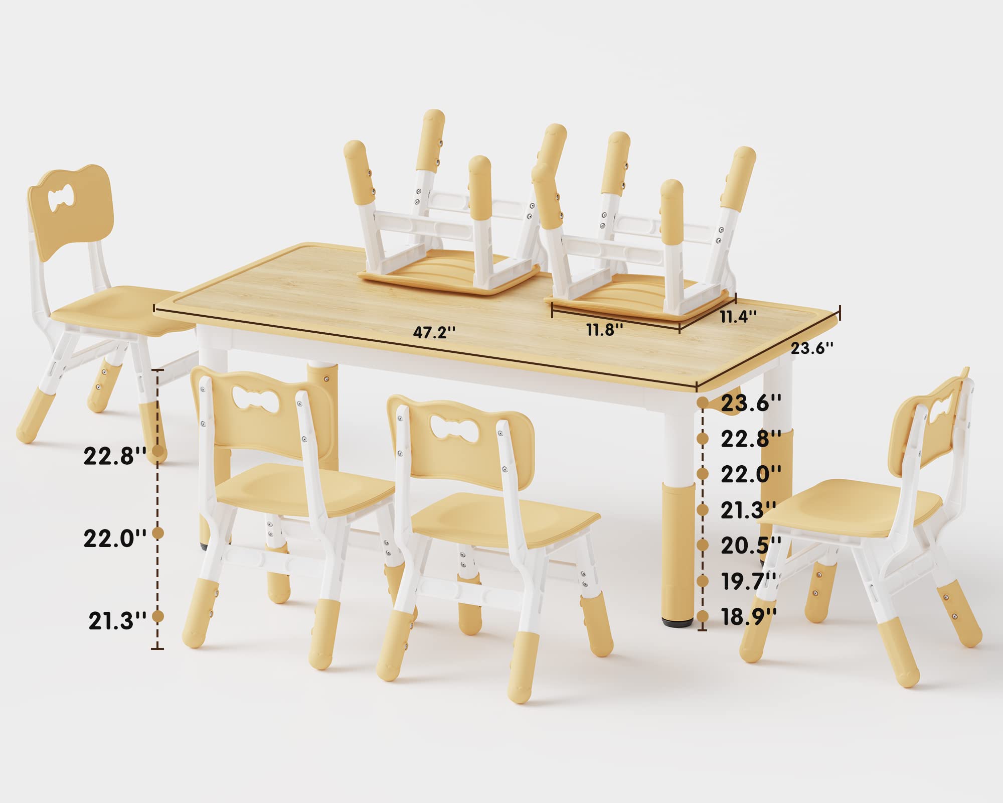 Brelley Adjustable Height Kids Table and 6 Chairs Set - Toddler Activity Table with Graffiti Desktop for Classroom, Daycare & Home - Perfect for Arts, Crafts & Learning Activities (Ages 2-8)