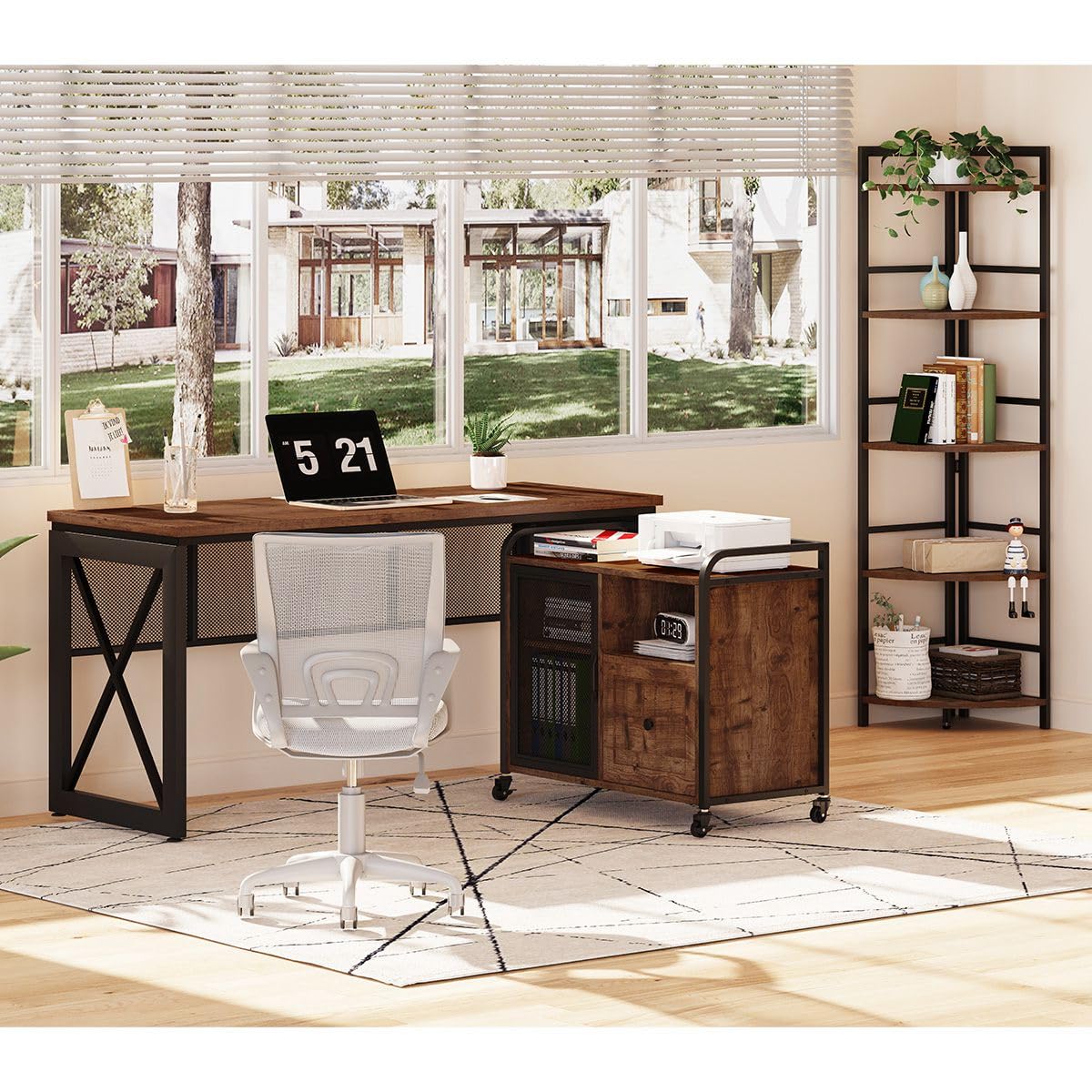 BON AUGURE Rolling Lateral File Cabinet - Rustic Oak Wood & Metal Home Office Storage with Printer Stand & Drawer | Perfect for Small Spaces, Under Desk Organization & Office Decor