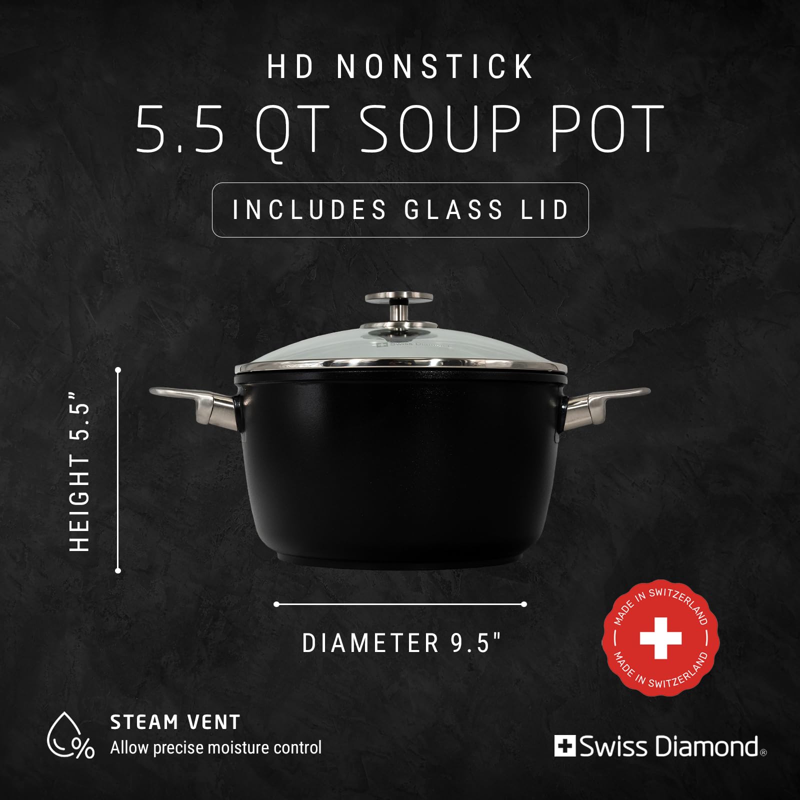 Premium Swiss Diamond 5.5 Quart Large Soup Pot with Lid - 9.5 Inch Nonstick Stock Pot for Soups, Broths, Chili & Cooking - Oven & Dishwasher Safe Gray Cookware - Perfect for Family Meals, Holiday Cooking & Restaurant Use