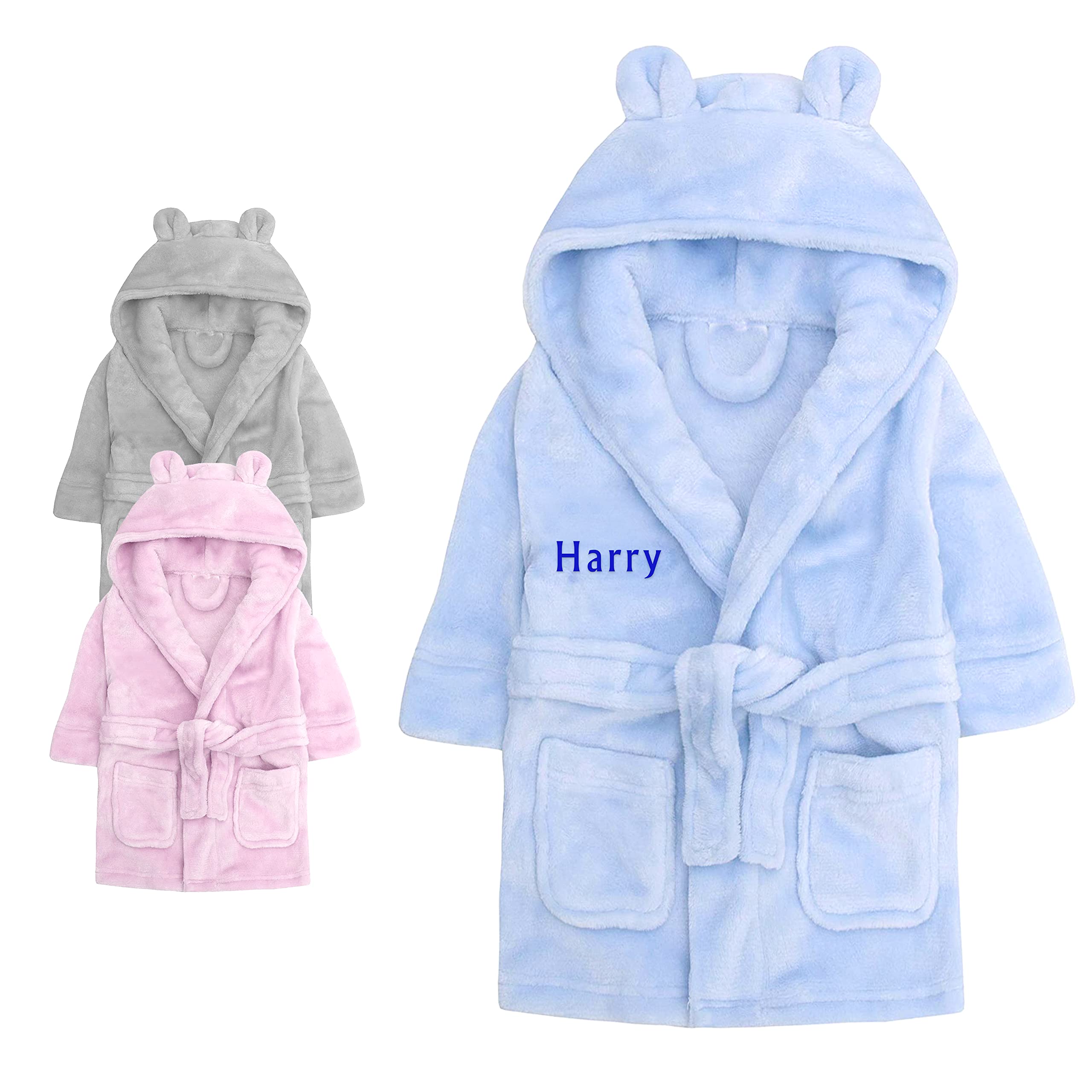 Personalized Baby Shower Robe - Newborn Dressing Gown Gift for Boys & Girls (0-24 Months) | Soft Bathrobe with Teddy Ears & Rhinestone Embroidery in Pink, Blue, Grey | Perfect Baby Shower, Christening & First Birthday Gift