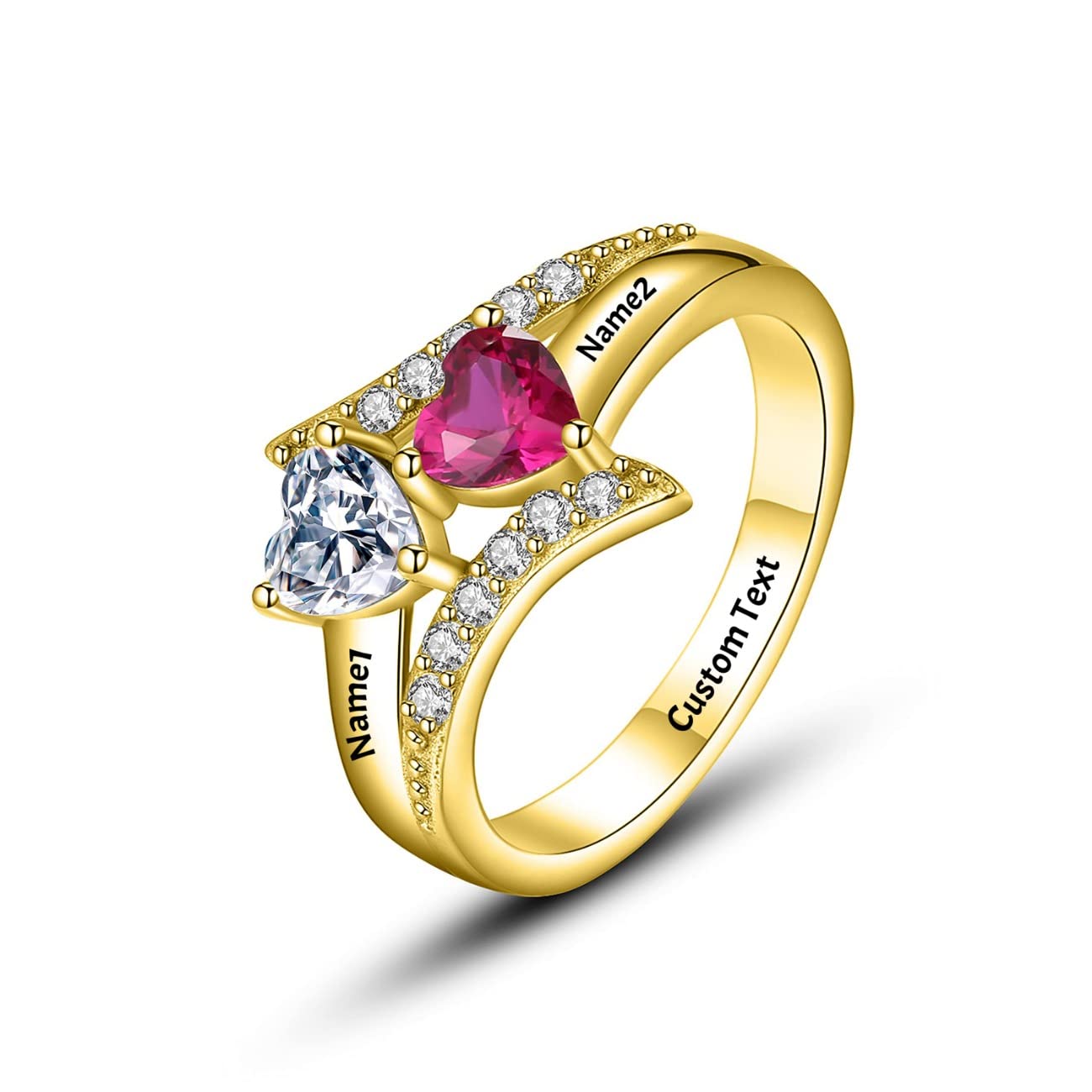 Personalized Engraved 2 Birthstone Double Heart Promise Ring for Couples, Mother Daughter - Custom Name & Date Jewelry Gift for Anniversary, Valentine's Day, Wedding Proposal