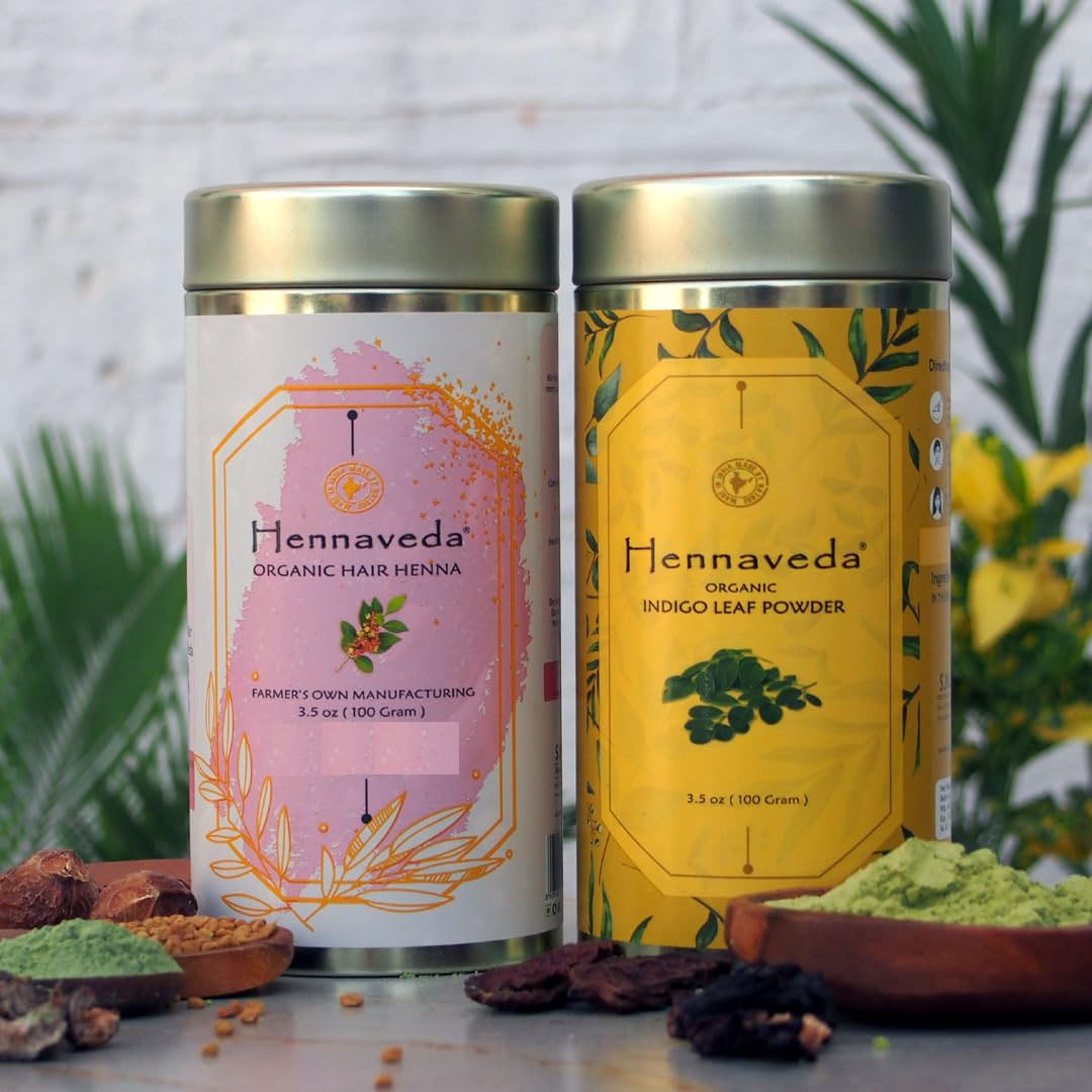 Organic Hennaveda Hair Henna & Indigo Powder Combo - 200g Natural Hair Dye Kit with Brush, Gloves & Shower Cap | GI Tagged 