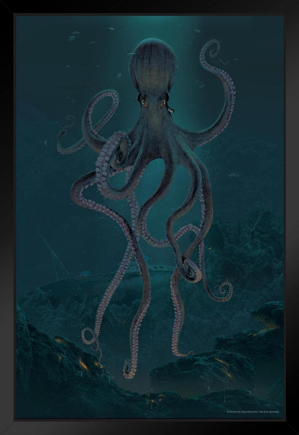 Vincent Hie Giant Octopus Sea Depth Wall Art - Framed Ocean Decor (20x26) for Bathroom, Living Room & Coastal Home Decor | Octopus Print, Marine Wall Decor, Underwater Theme Home Accessories