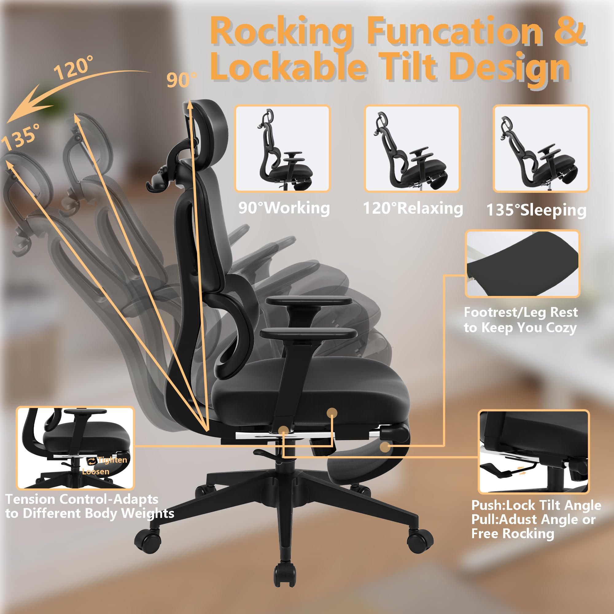 FLEXISPOT Big and Tall Ergonomic Mesh Office Chair - Adjustable Computer Desk Chair with Footrest, Lumbar Support & 360° Swivel - Black Mesh Executive Chair for Home Office & Gaming Setup