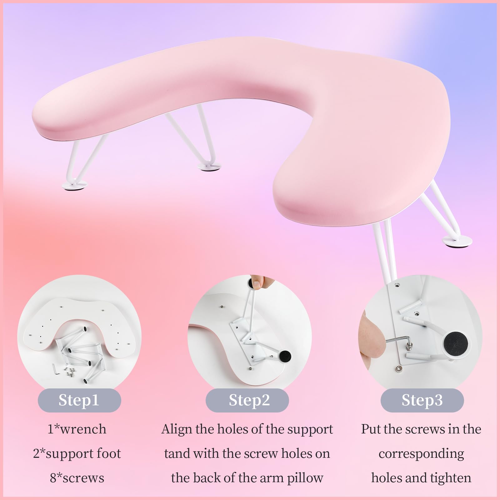 ANGNYA U-Shaped Nail Tech Arm Rest - Microfiber PU Leather Hand Rest Pillow with Detachable Brackets for Acrylic & Gel Nails - Perfect for Salon Professionals & Home Manicures (Pink)