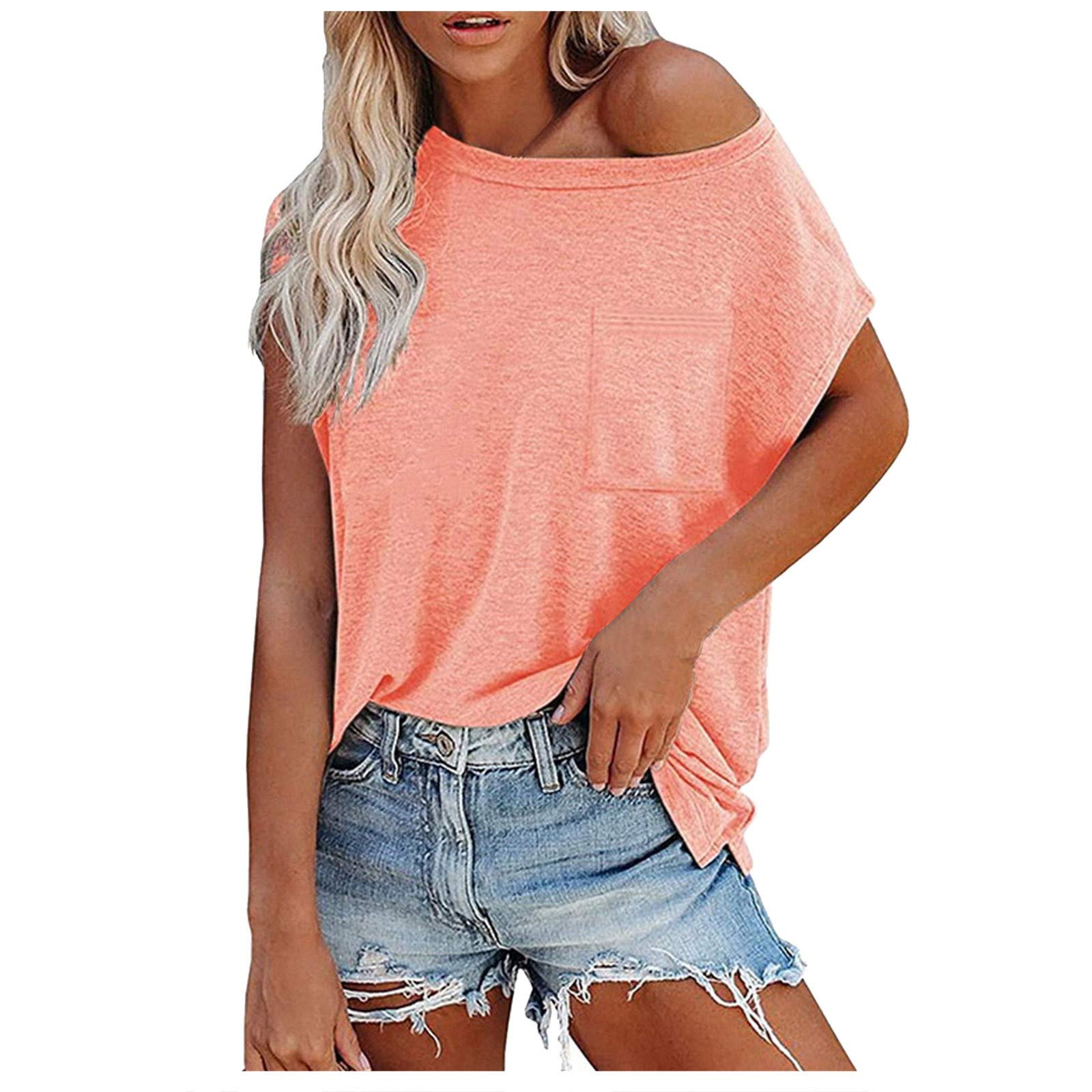 Women's Casual Short-Sleeve Loose Fit Pocket T-Shirt - Solid Color Blouse Top for Everyday Wear (Pink, XXXL) | Perfect for Work, Weekend Outings & Relaxing at Home