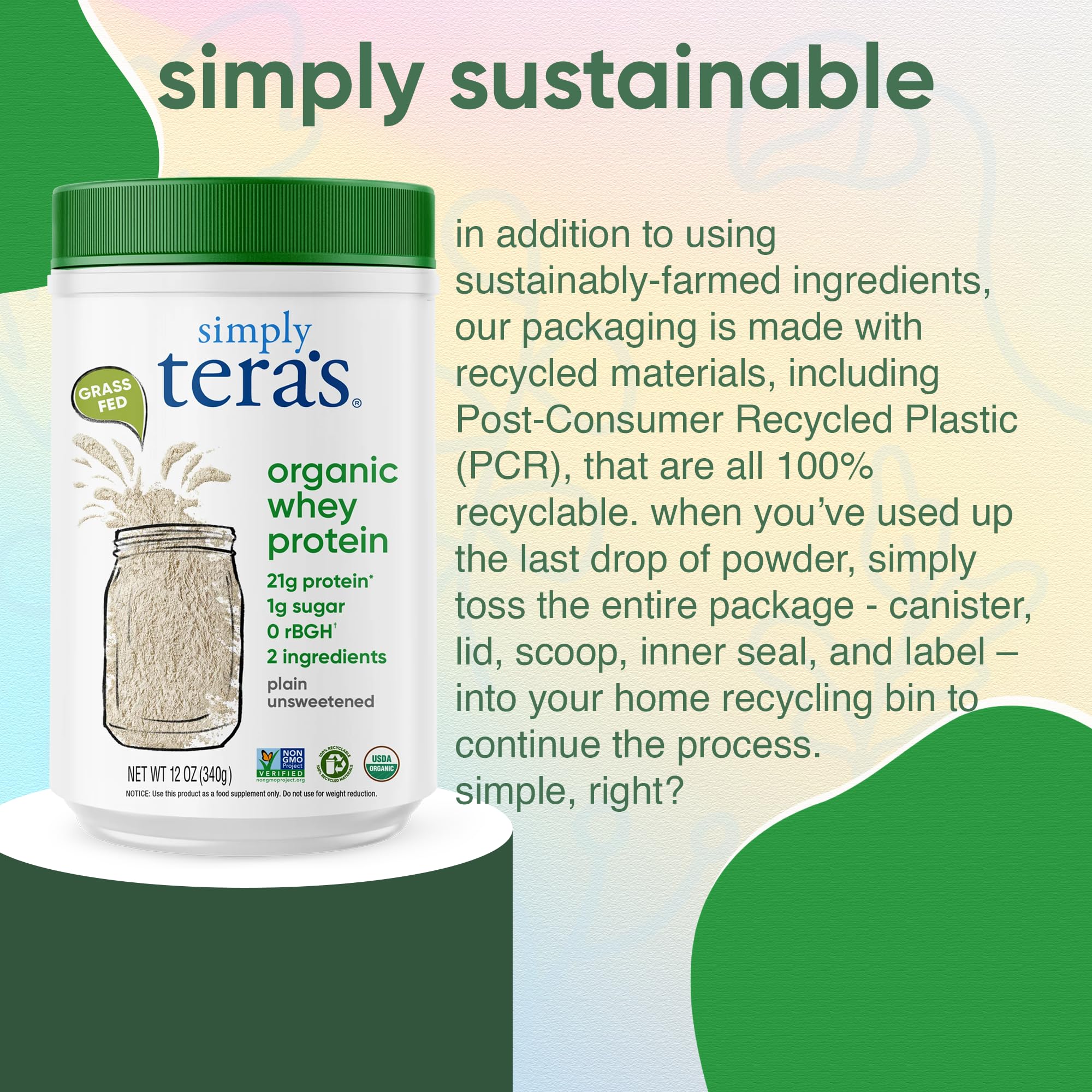 Simply Tera's Pure Grass-Fed Whey Protein Powder - Unflavored, Non-GMO, Kosher, Unsweetened Whey Protein Supplement (12 Oz) | Ideal for Post-Workout Recovery, Muscle Building & Healthy Lifestyle