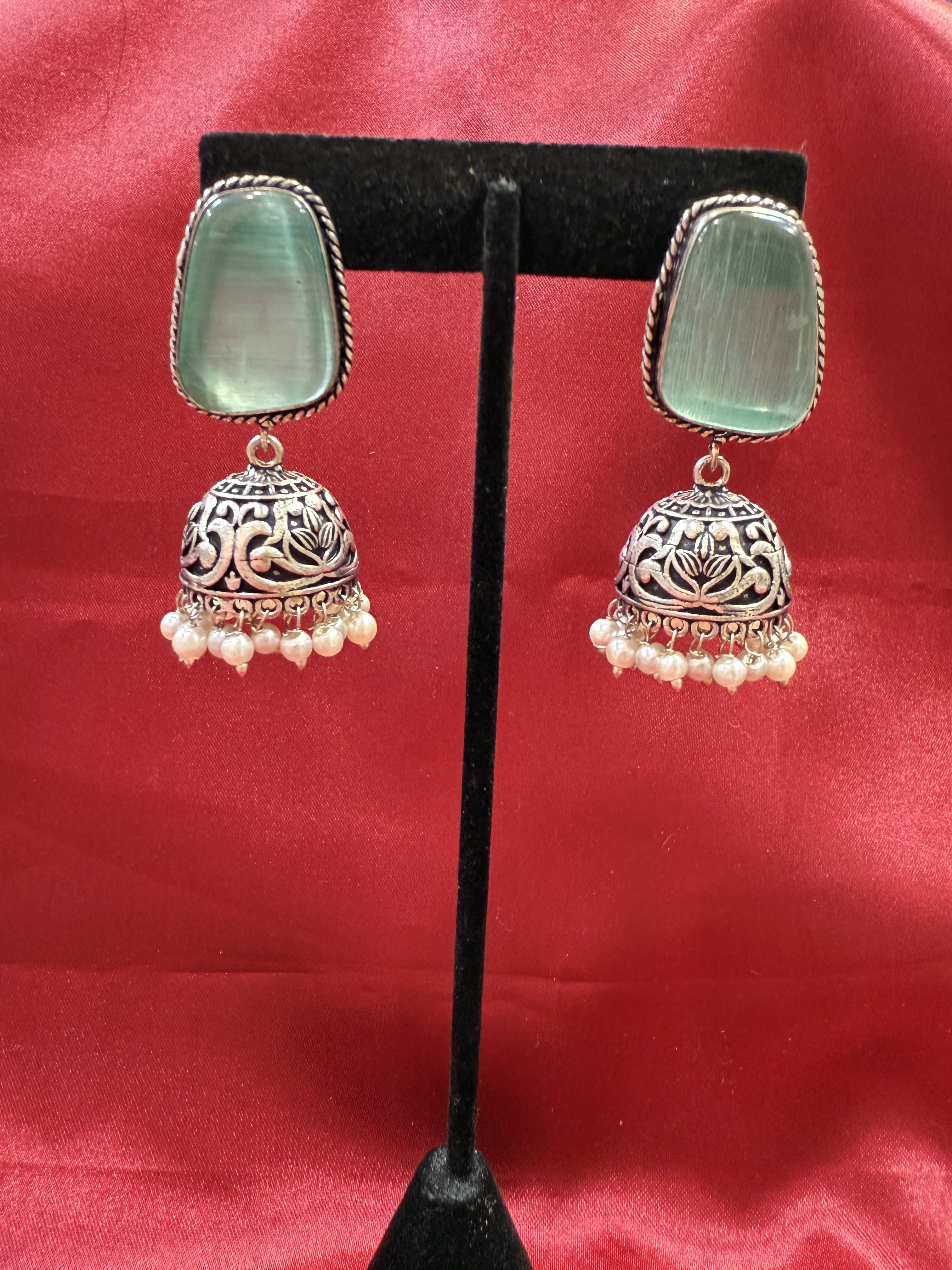 Oxidized Sky Blue Stone Jhumka Earrings with White Bead Hangings - Traditional Indian Jewelry for Weddings, Parties & Festive Occasions