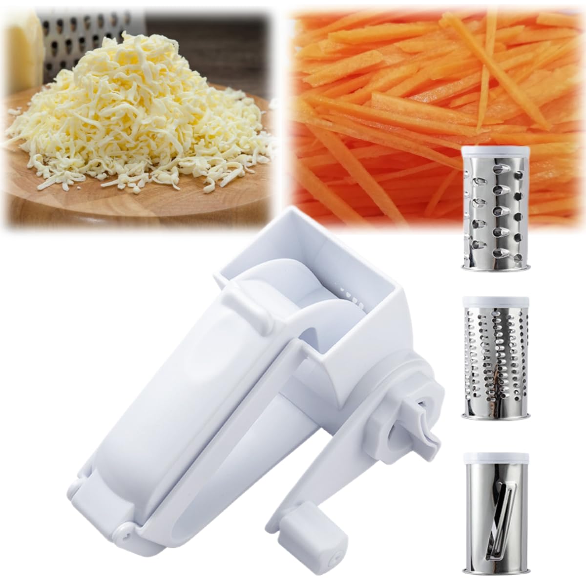 3-in-1 Rotary Cheese Grater - Hand Crank Cheese Shredder for Hard Cheese, Chocolate & Nuts - Olive Garden Style Handheld Grater with Ergonomic Handle - Perfect for Italian Cooking, Baking & Garnishing Dishes