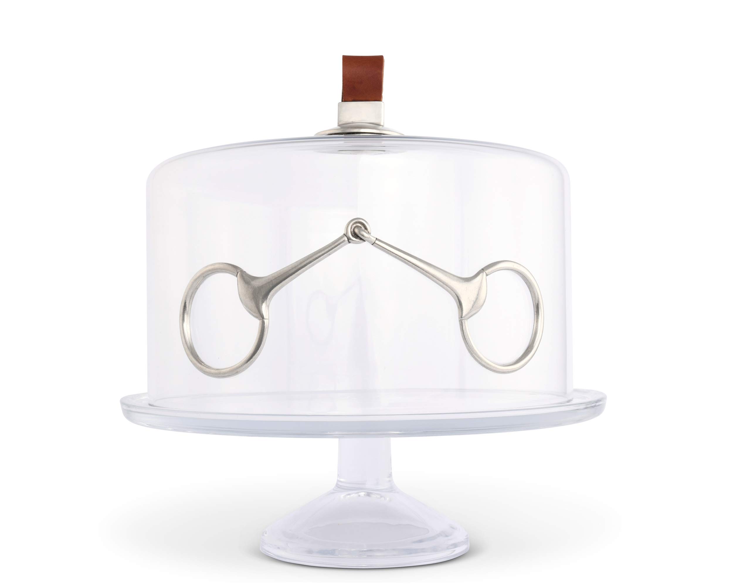 Vagabond House Handblown Glass Cake Stand with Dome Cover - 13 Inch Diameter, 4 Inch Tall - Pewter Leather Base & Knob - Elegant Dessert Display for Weddings, Parties & Home Decor