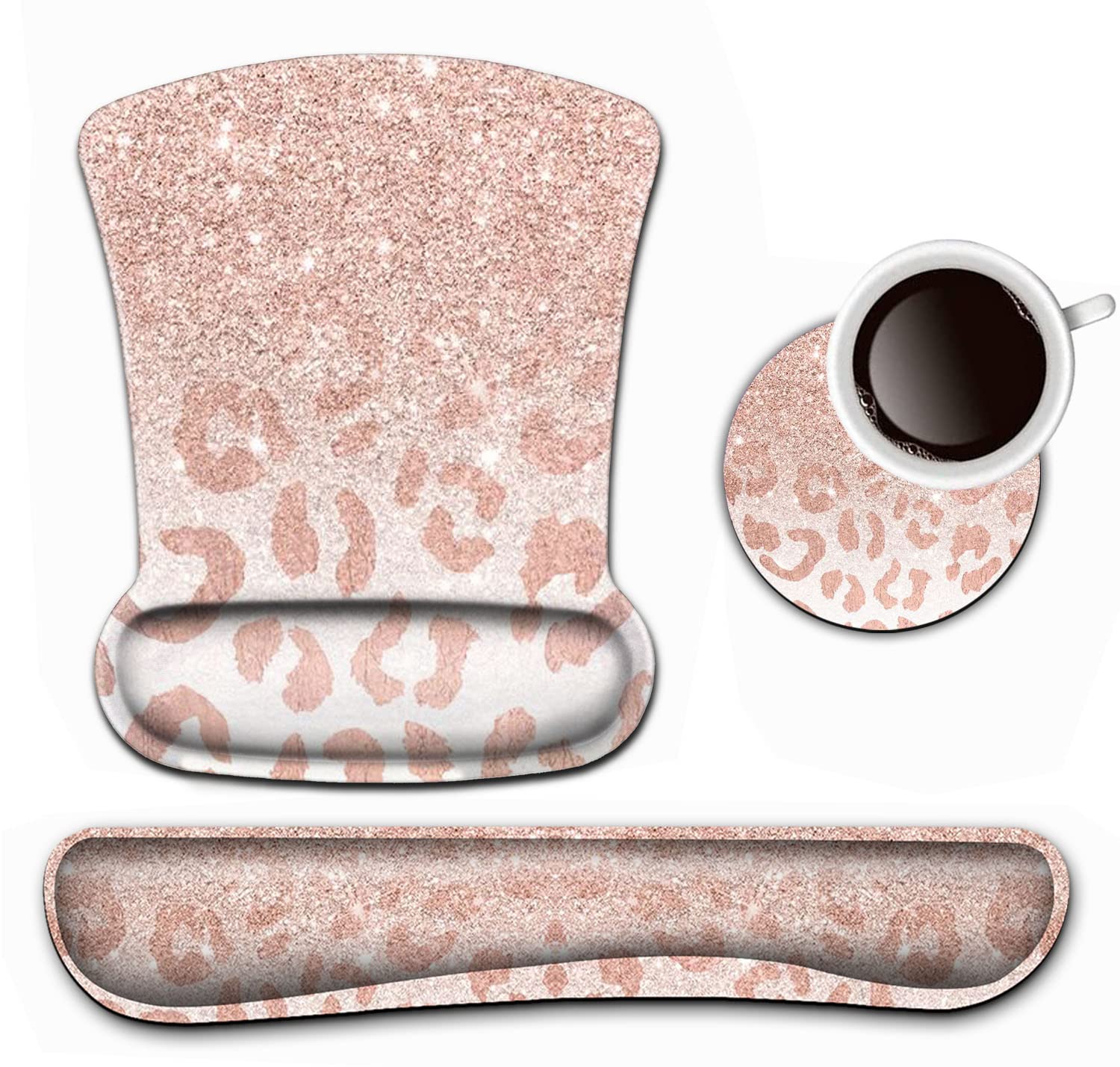 Pink Leopard Star Pattern Ergonomic Keyboard Wrist Rest & Mouse Pad Set - Gel Cushion Support for Pain Relief, Memory Foam Wrist Support with Coasters - Perfect for Office, Gaming & Computer Workstations