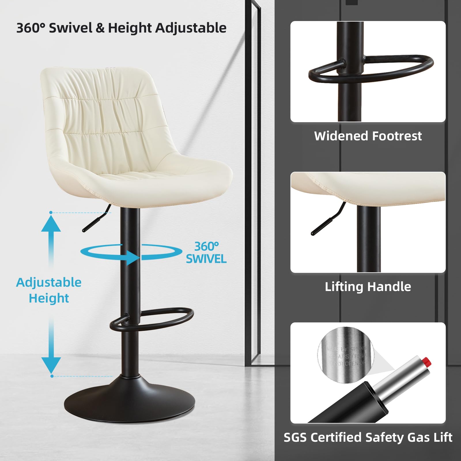 Modern Adjustable Swivel Bar Stools Set of 2 - High Back Faux Leather Counter Height Barstools, Upholstered Kitchen Island Chairs for Home Bar, Restaurant & Cafe (Beige) - Perfect for Entertaining, Dining & Small Space Decor