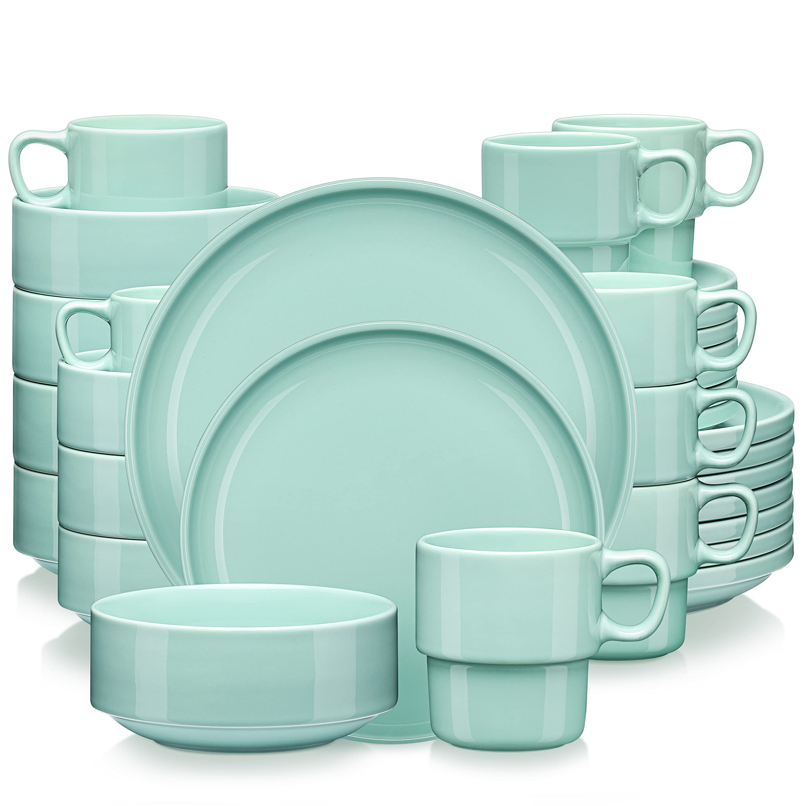 32-Piece Porcelain Dinnerware Set for 8 People - Ceramic Plates, Bowls & Mugs - Dishwasher & Microwave Safe - Light Green - Perfect for Family Dinners, Parties & Restaurant Use