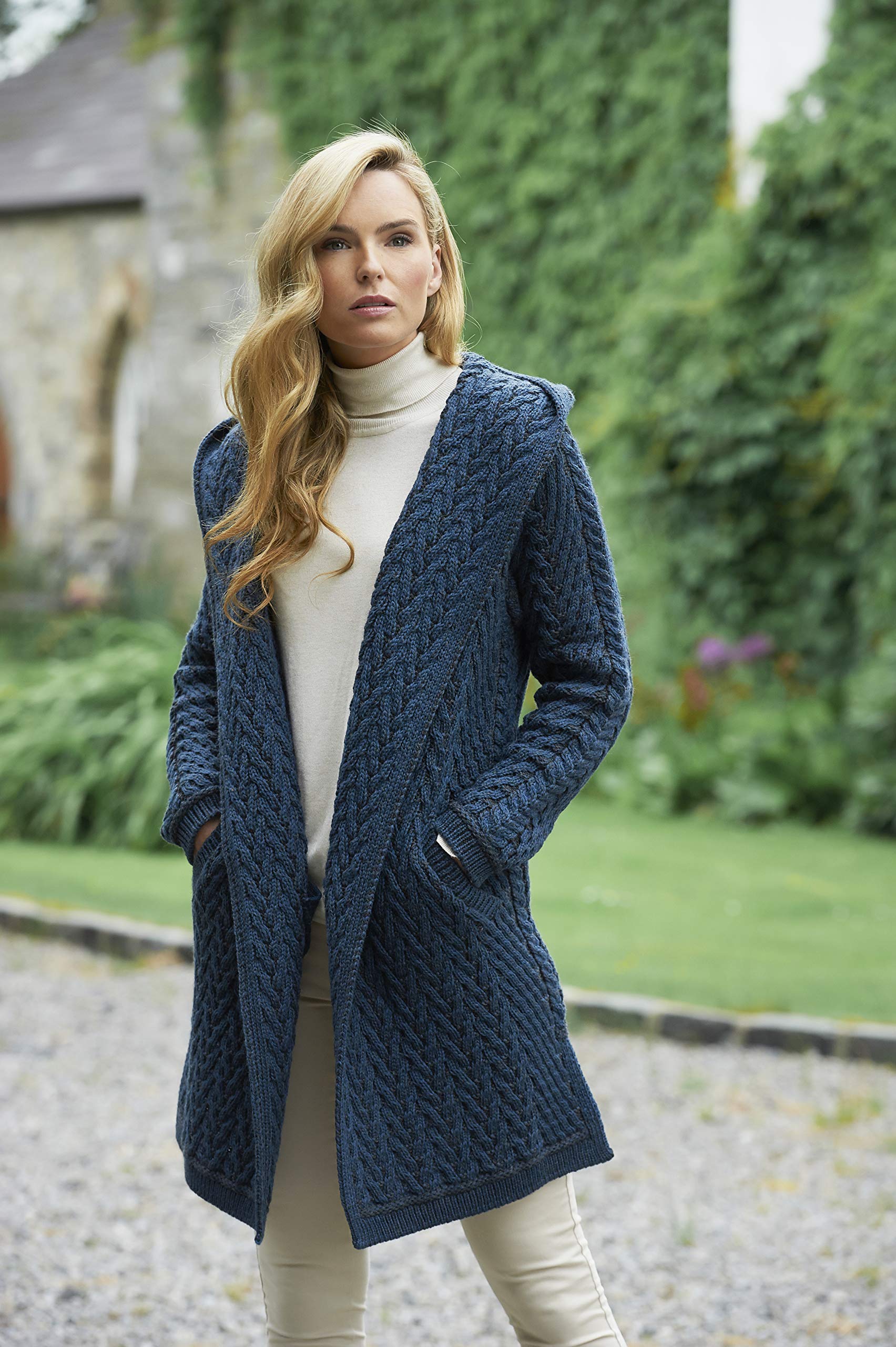 Aran Crafts Women's Cable Knit Herringbone Shawl Hood Coat - 100% Merino Wool Winter Warm Wrap - Perfect for Outdoor Activities, Travel & Casual Wear