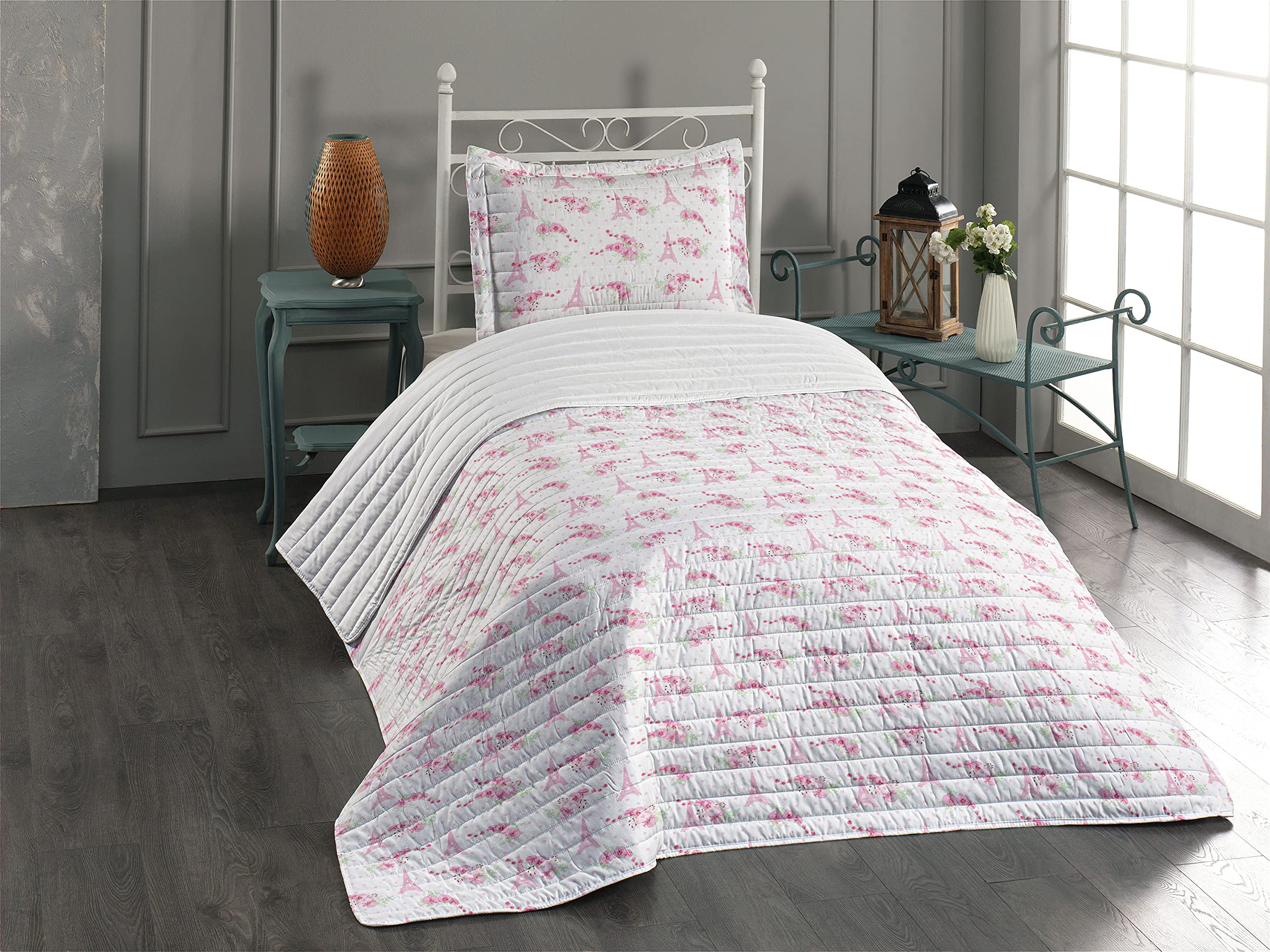 Ambesonne Eiffel Tower Microfiber Bedspread Set - Pink Floral Parisian Design with Polka Dots, Soft Twin Size Bedding Set Includes Comforter & Pillow Sham in Pale Pink, Green & White - Perfect for Spring Bedroom Decor & Paris-Themed Guest Rooms
