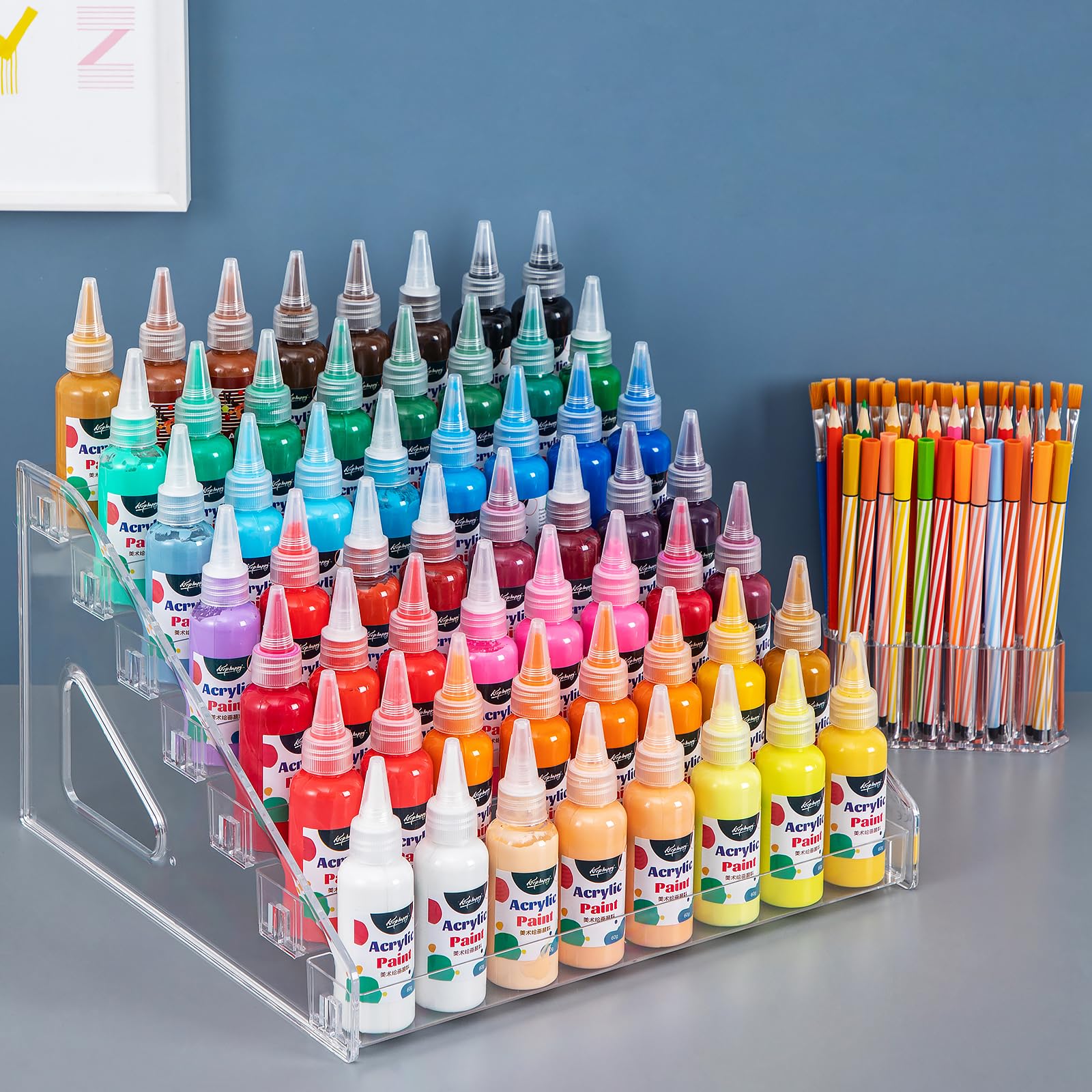 7-Tier Acrylic Paint Organizer with Brush Holder - Miniature Storage Rack for 2oz Tubes, Nail Polish, Alcohol Inks, Food Coloring & Essential Oils - Perfect for Art Studios, Nail Salons & Craft Rooms