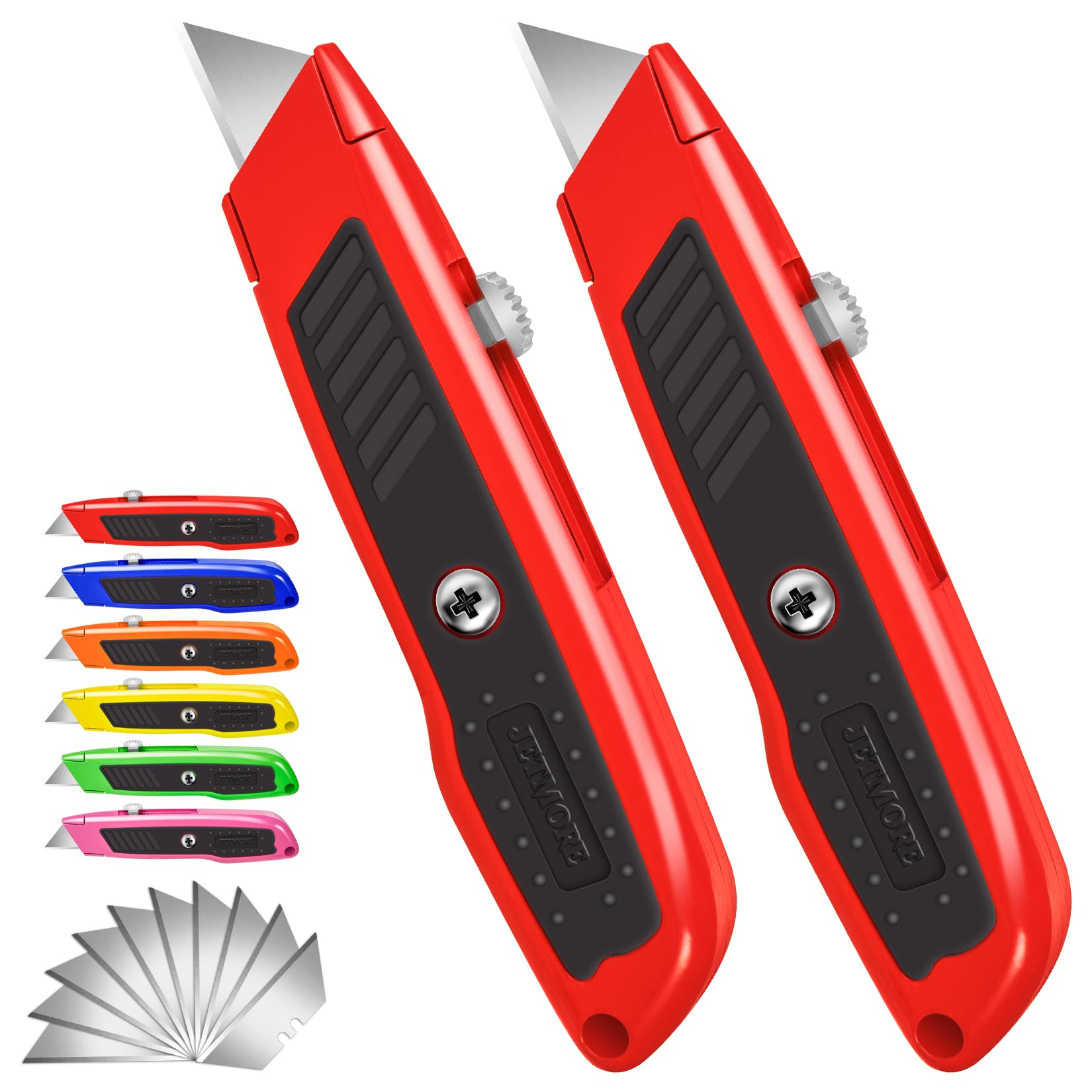 2 Pack Heavy Duty Retractable Utility Knife with 10 Extra SK5 Blades - Aluminum Alloy Box Cutter for Cardboard, Packaging, Carpet Cutting - Perfect for Warehouse, Moving, DIY & Craft Projects