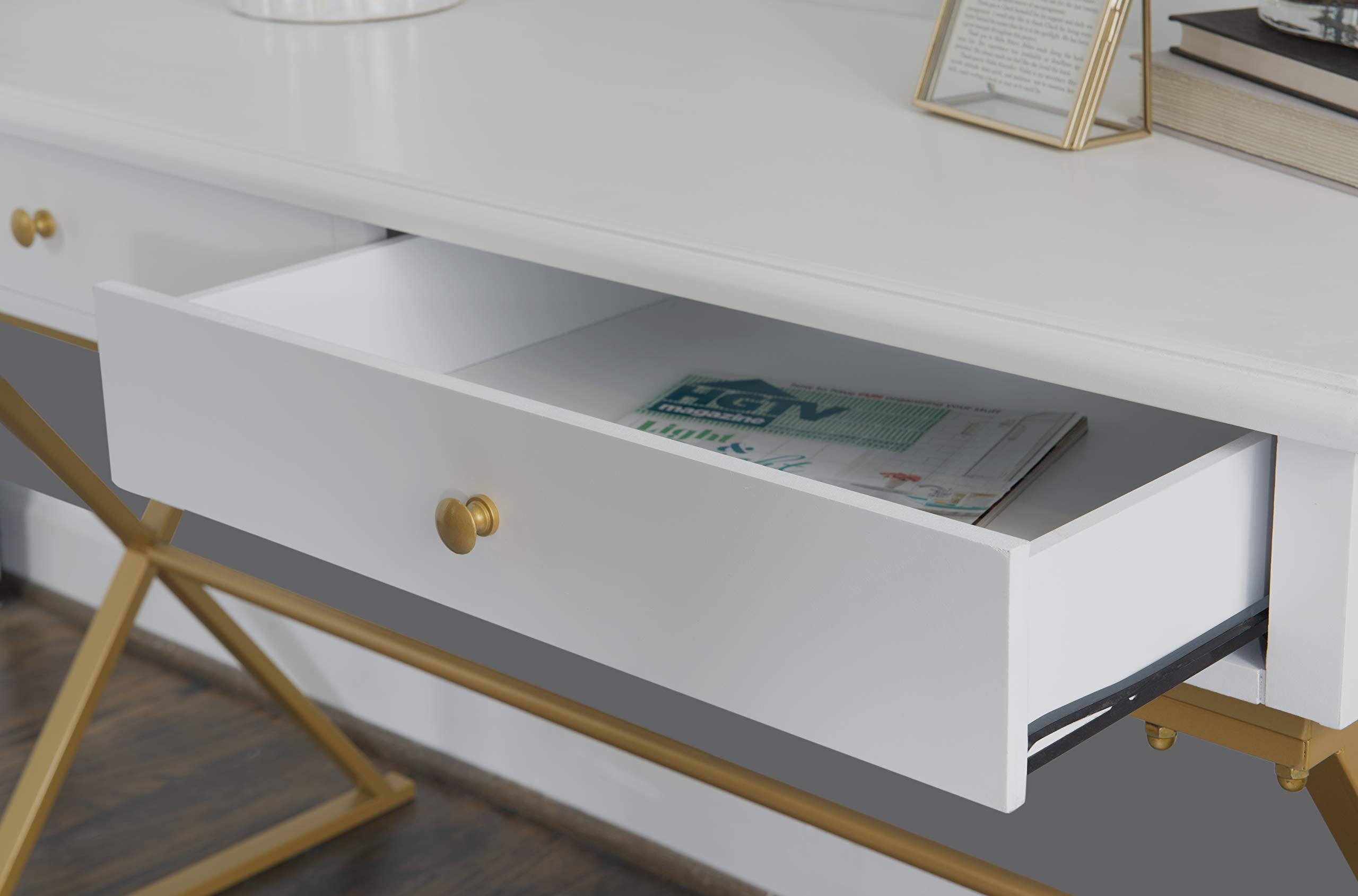 Linon Harli White Two-Drawer Campaign Desk - Compact Home Office Writing Table with Storage | Perfect for Small Spaces, Dorm Rooms & Workstations