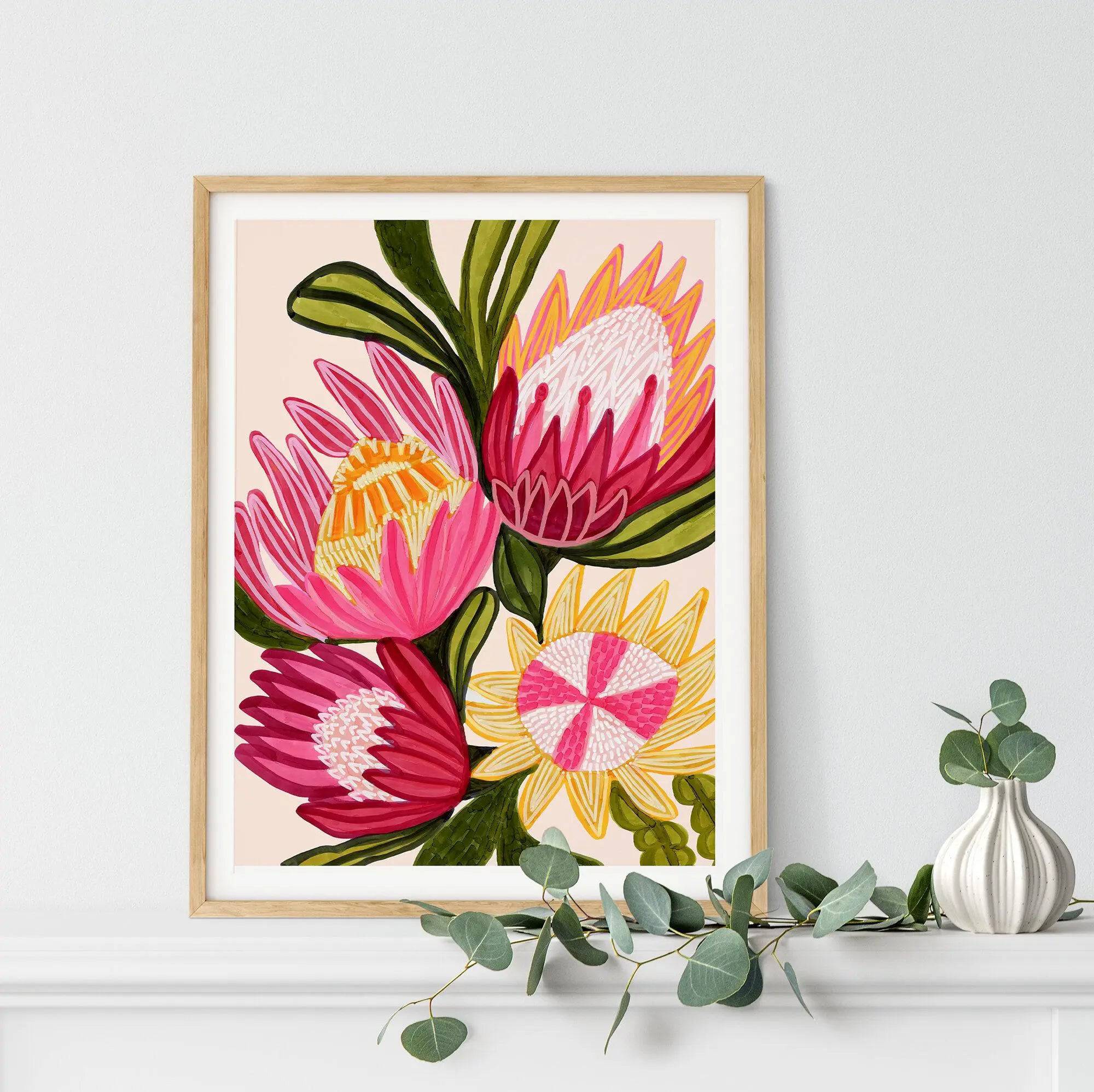 King Red Protea Flowers Wall Art Giclee Print - Premium Botanical Home Decor for Living Room, Bedroom & Office